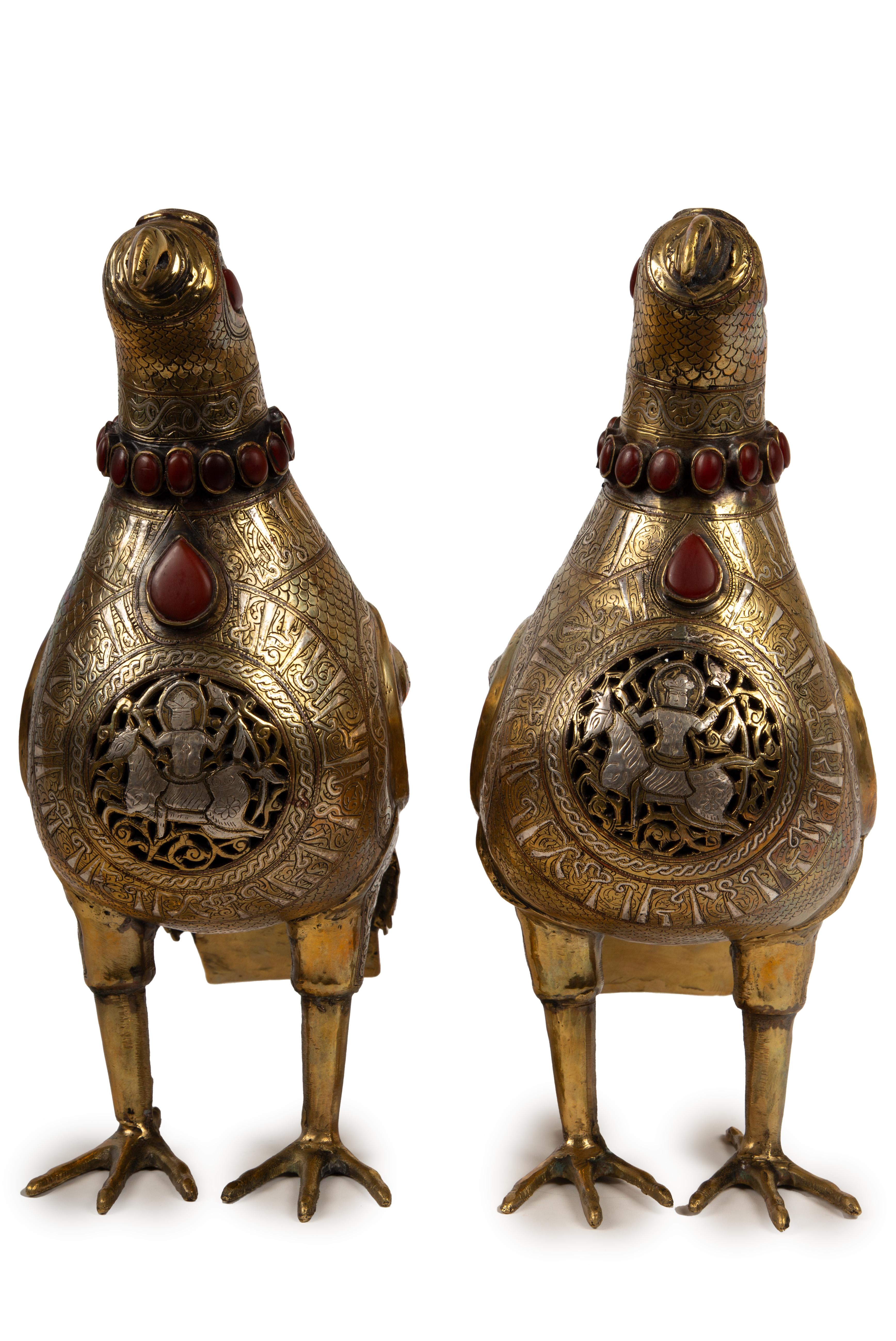 Pair of 19th Century Mixed Metal Persian Islamic 'Khorasan' Bird Incense Burners For Sale 1