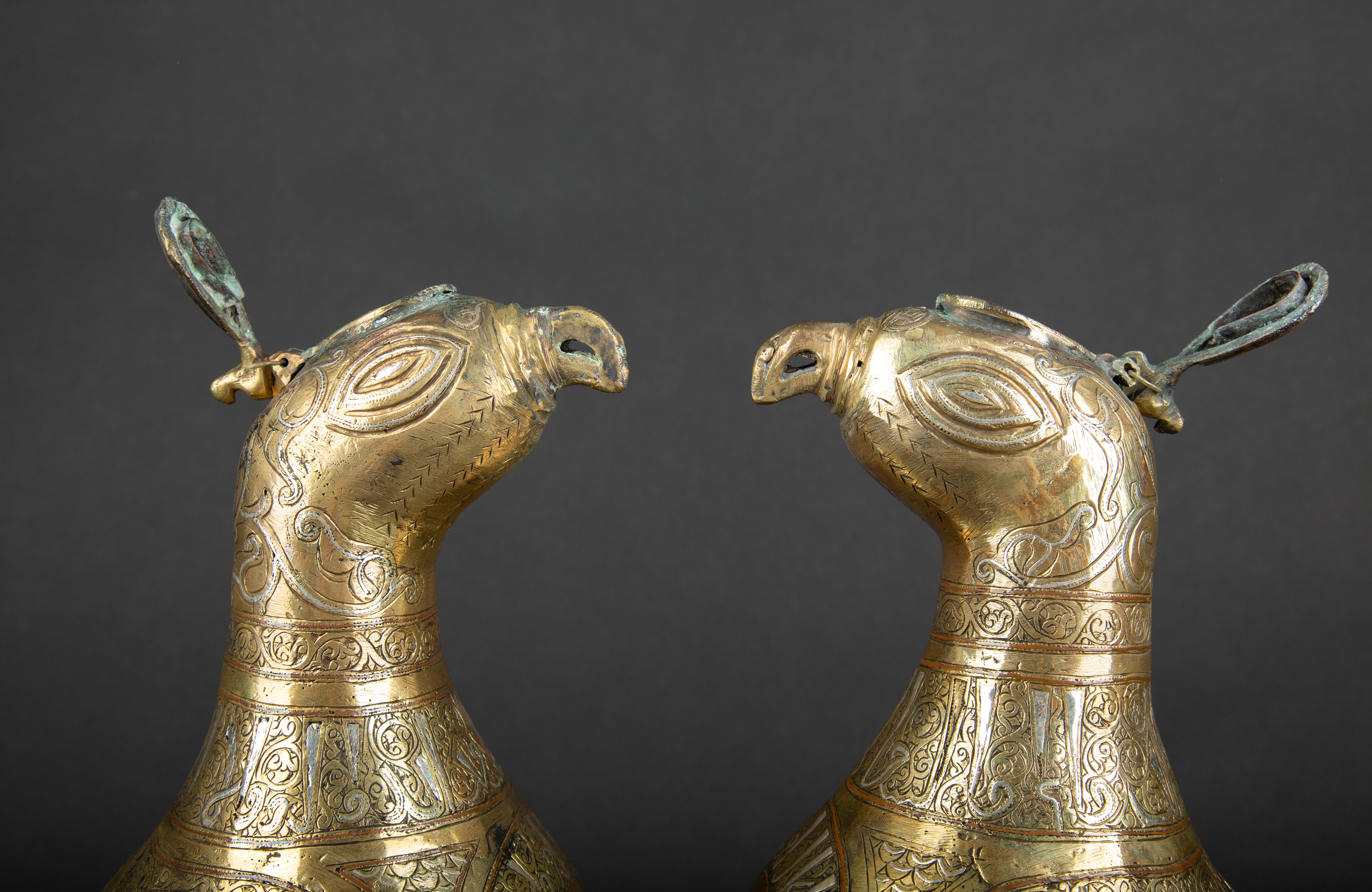 Pair of 19th Century Mixed Metal Persian Islamic 'Khorasan' Bird Incense Burners 2