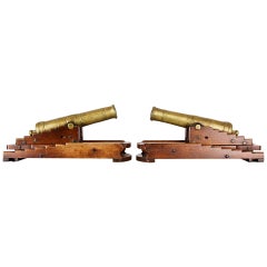 Antique Pair of 19th Century Models of 32-Pounder Canon on Mahogany Elevating Carriages