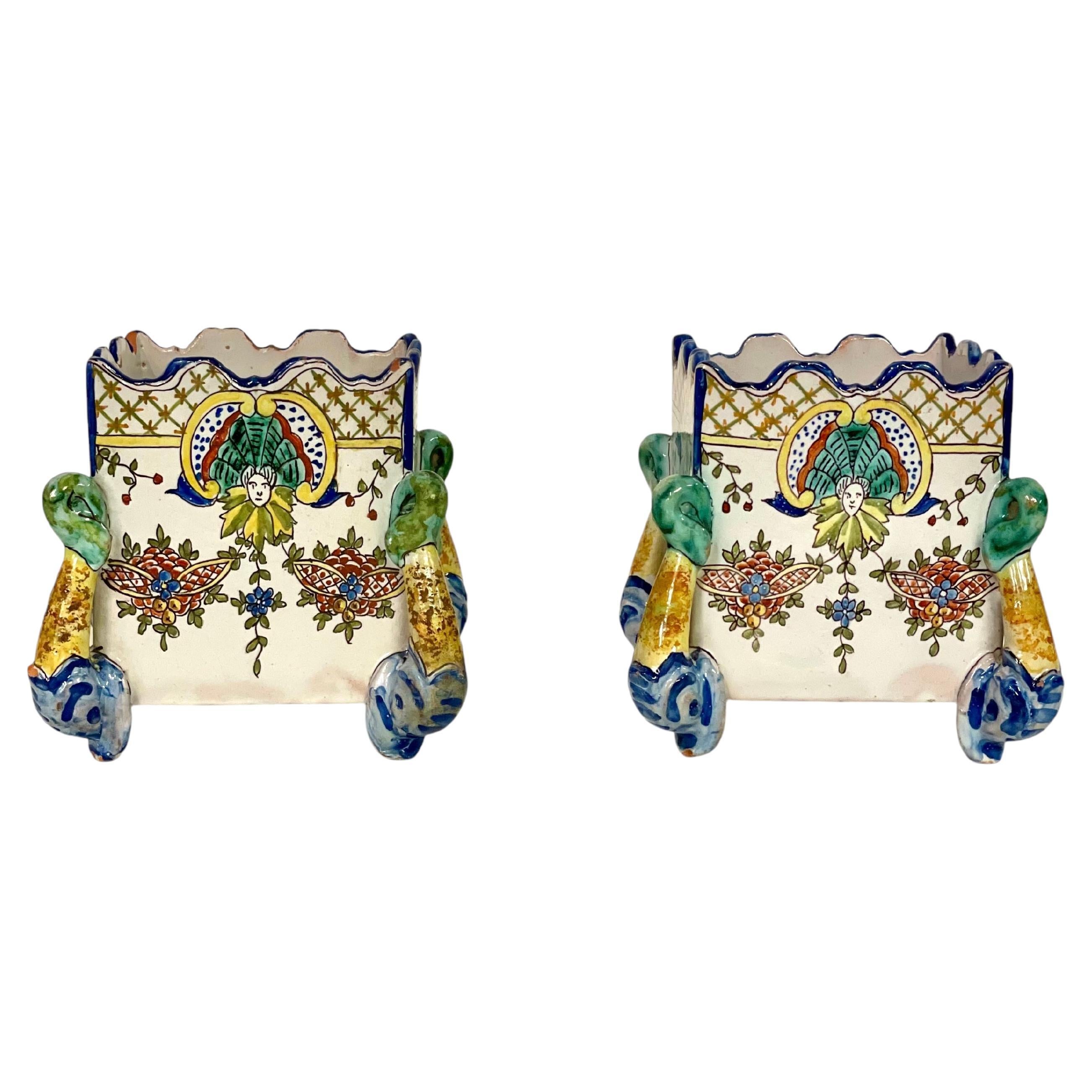 Pair of 19th Century Polychrome Faience Cache-Pots 'Montagnon' from Nevers