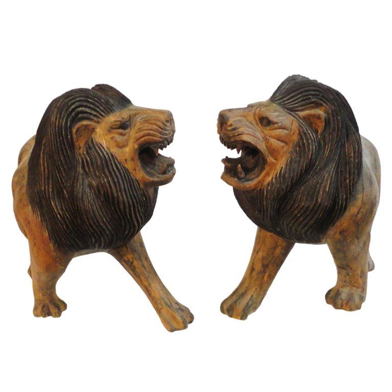 Pair of 19th Century Monumental Hand Carved & Painted Table Top Lions