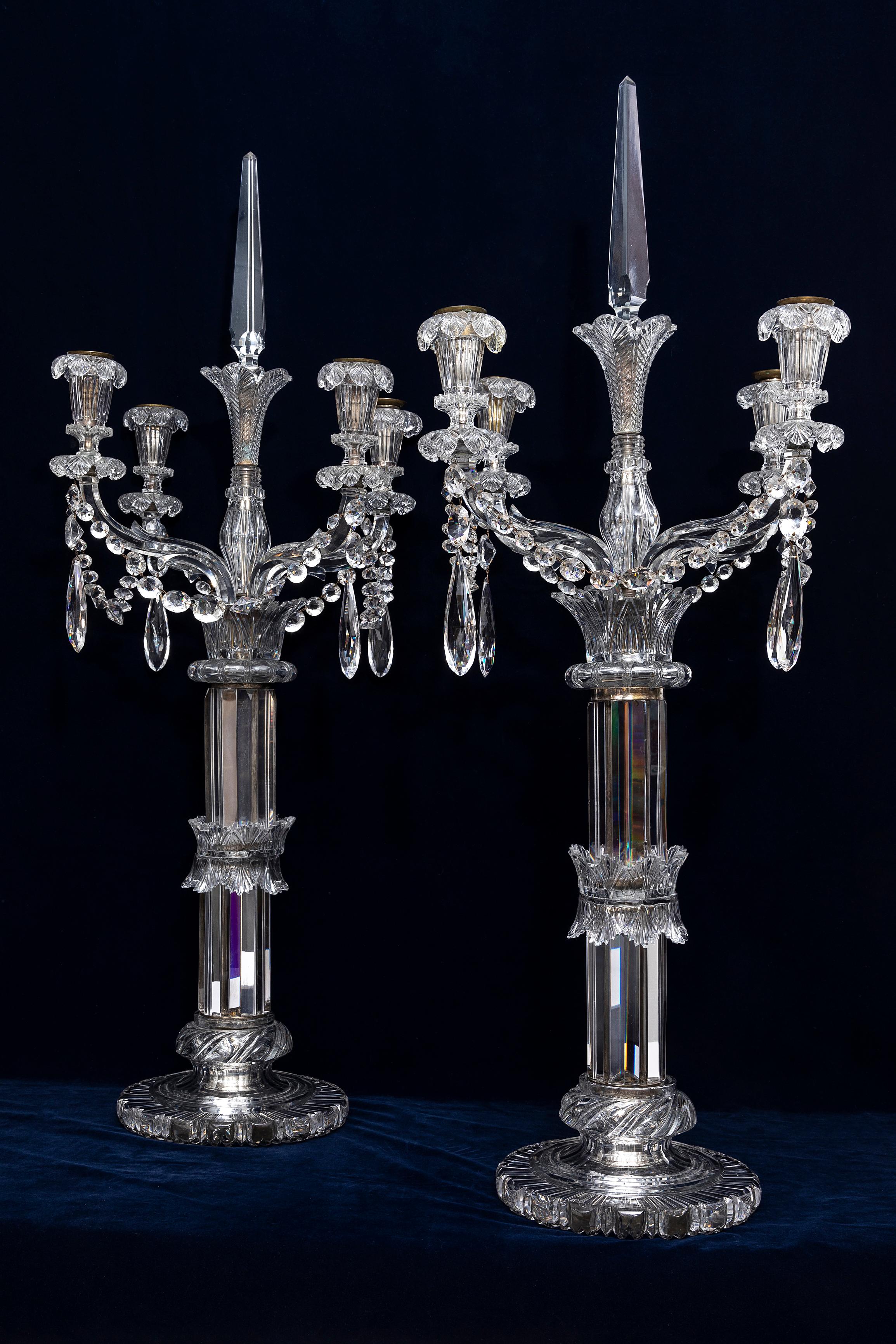 English Pair of 19th Century Monumental Palace Size Osler Four Light Crystal Candelabra For Sale