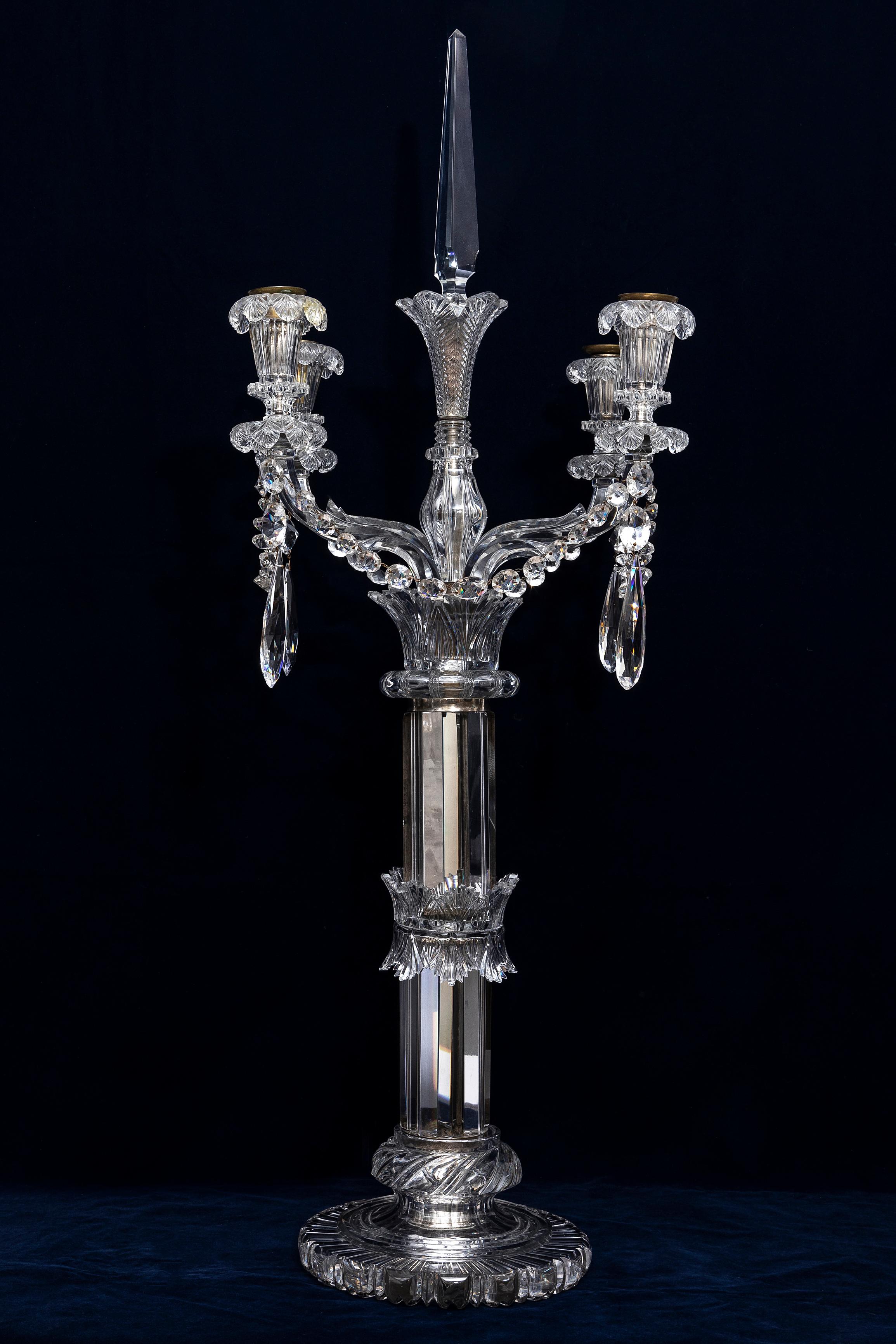 Hand-Carved Pair of 19th Century Monumental Palace Size Osler Four Light Crystal Candelabra For Sale