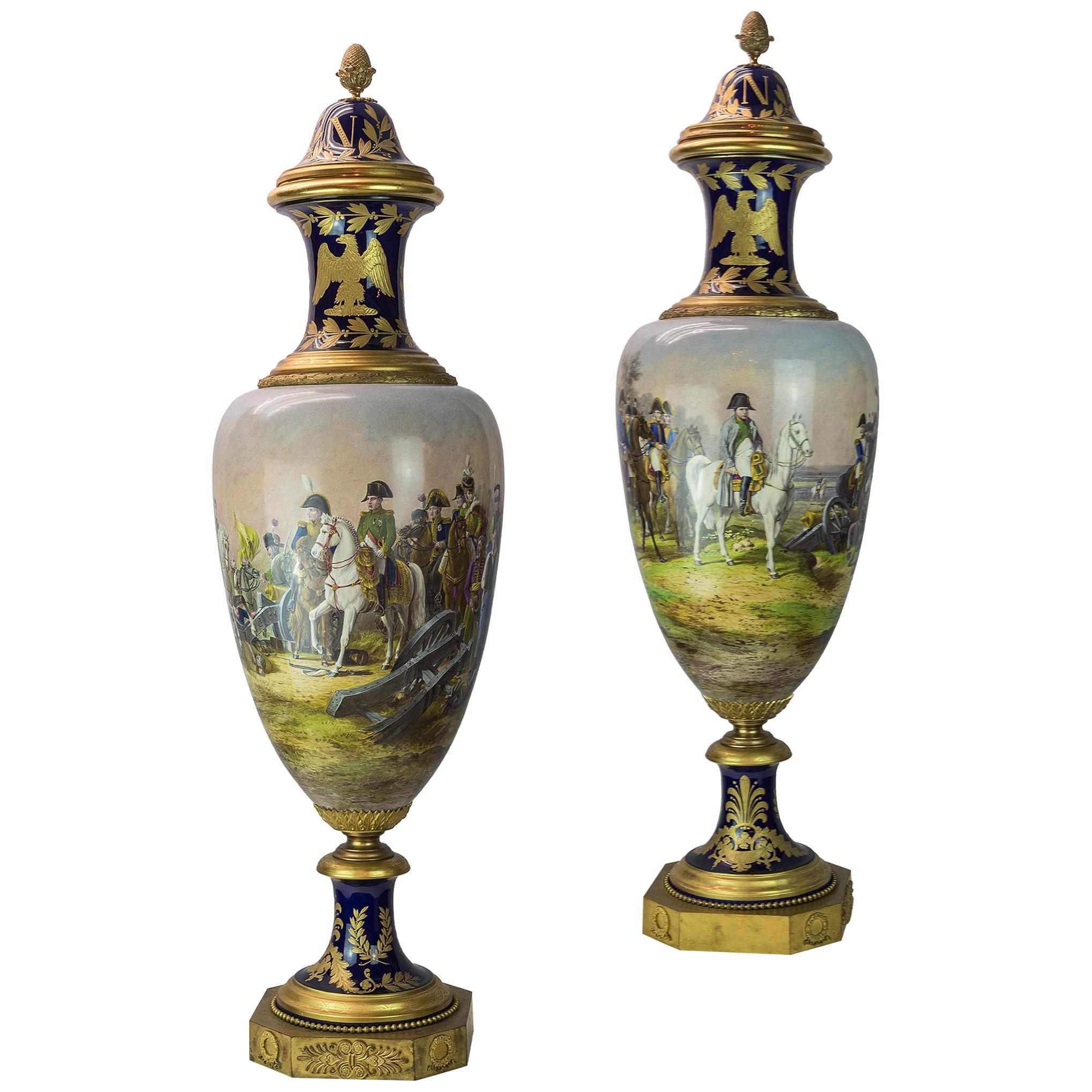 Pair of 19th Century Monumental Sèvres Style Napoleonic Cobalt Vases