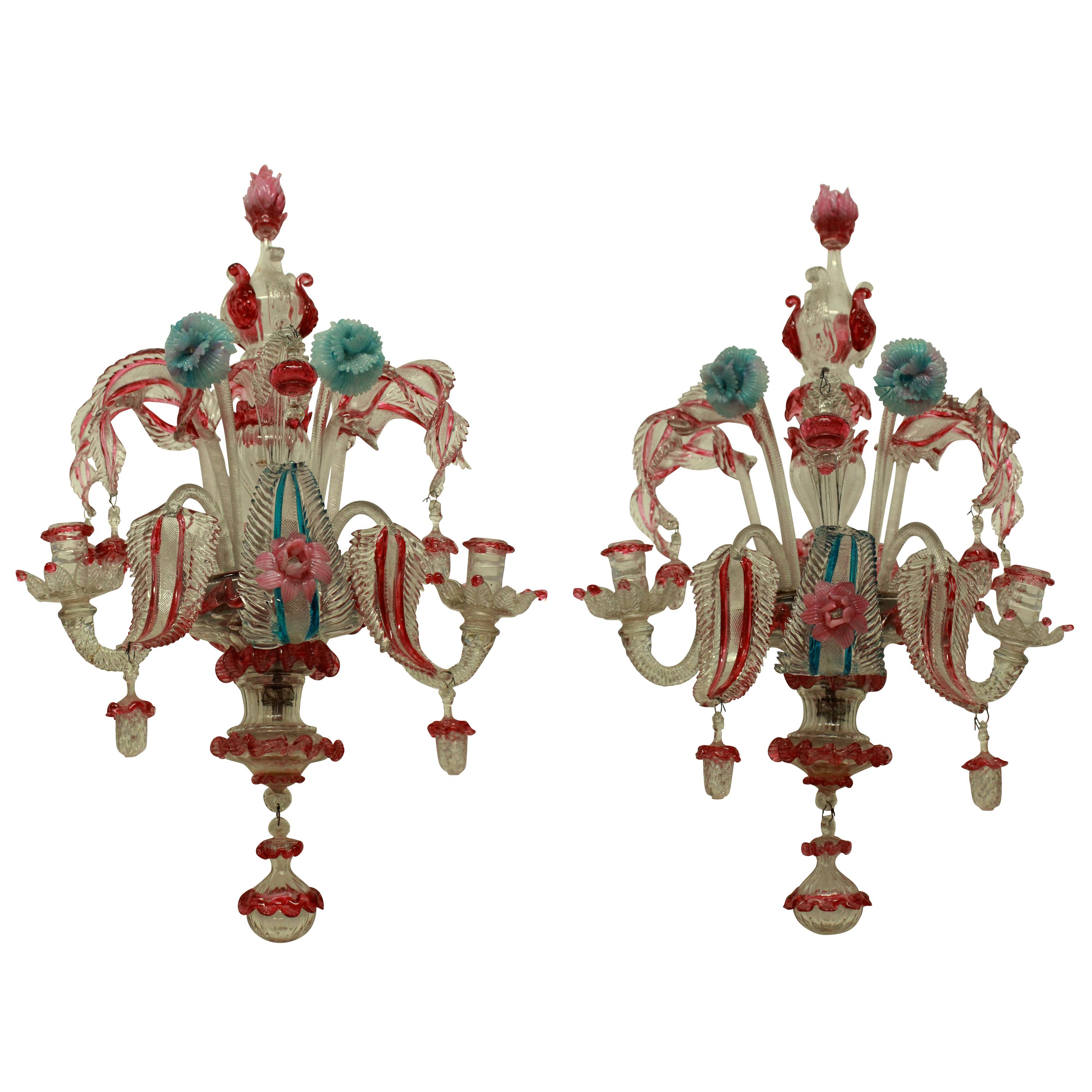 Pair of 19th Century Murano Glass Wall Lights For Sale at 1stDibs