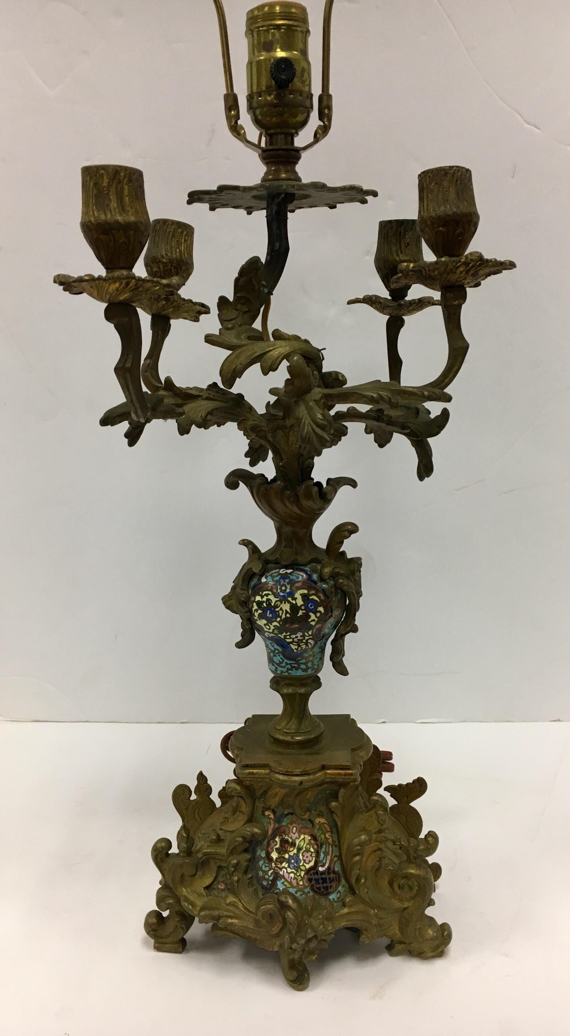 Pair of 19th Century Napolean III Bronze & Champleve Sevres Candelabra Lamps 10