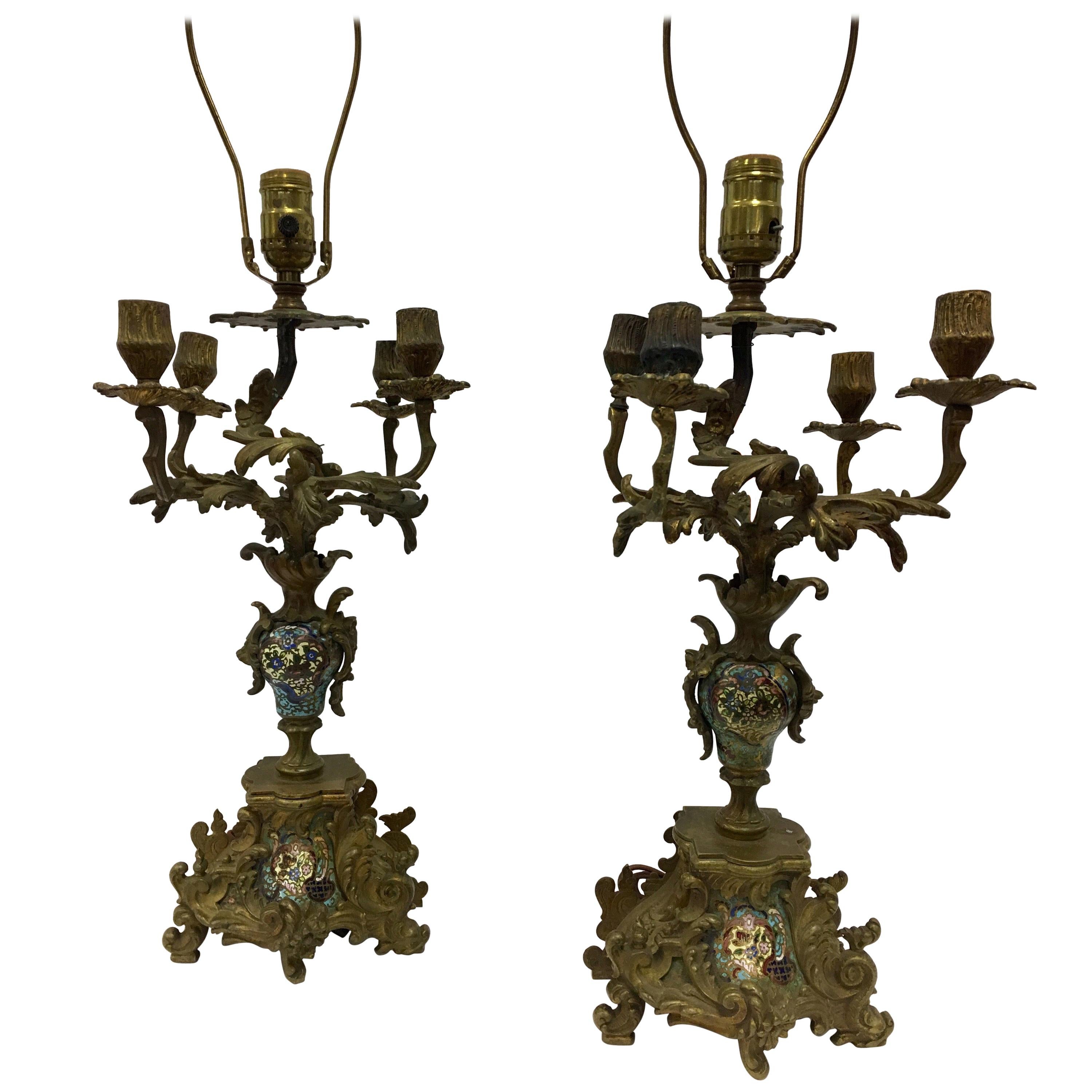 Pair of 19th Century Napolean III Bronze & Champleve Sevres Candelabra Lamps
