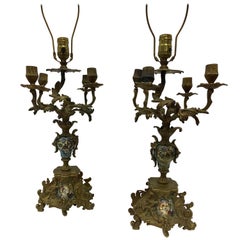 Pair of 19th Century Napolean III Bronze & Champleve Sevres Candelabra Lamps