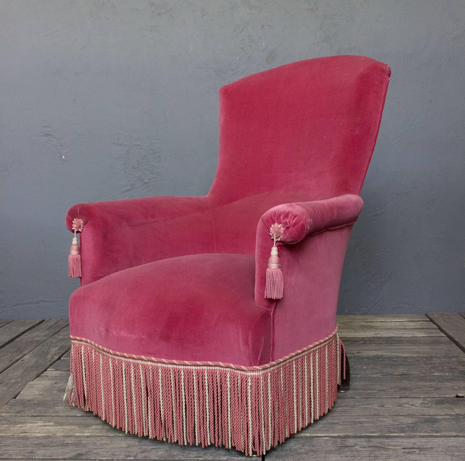 French Pair of 19th Century Napoleon III Armchairs with Contrasting Bullion Fringe