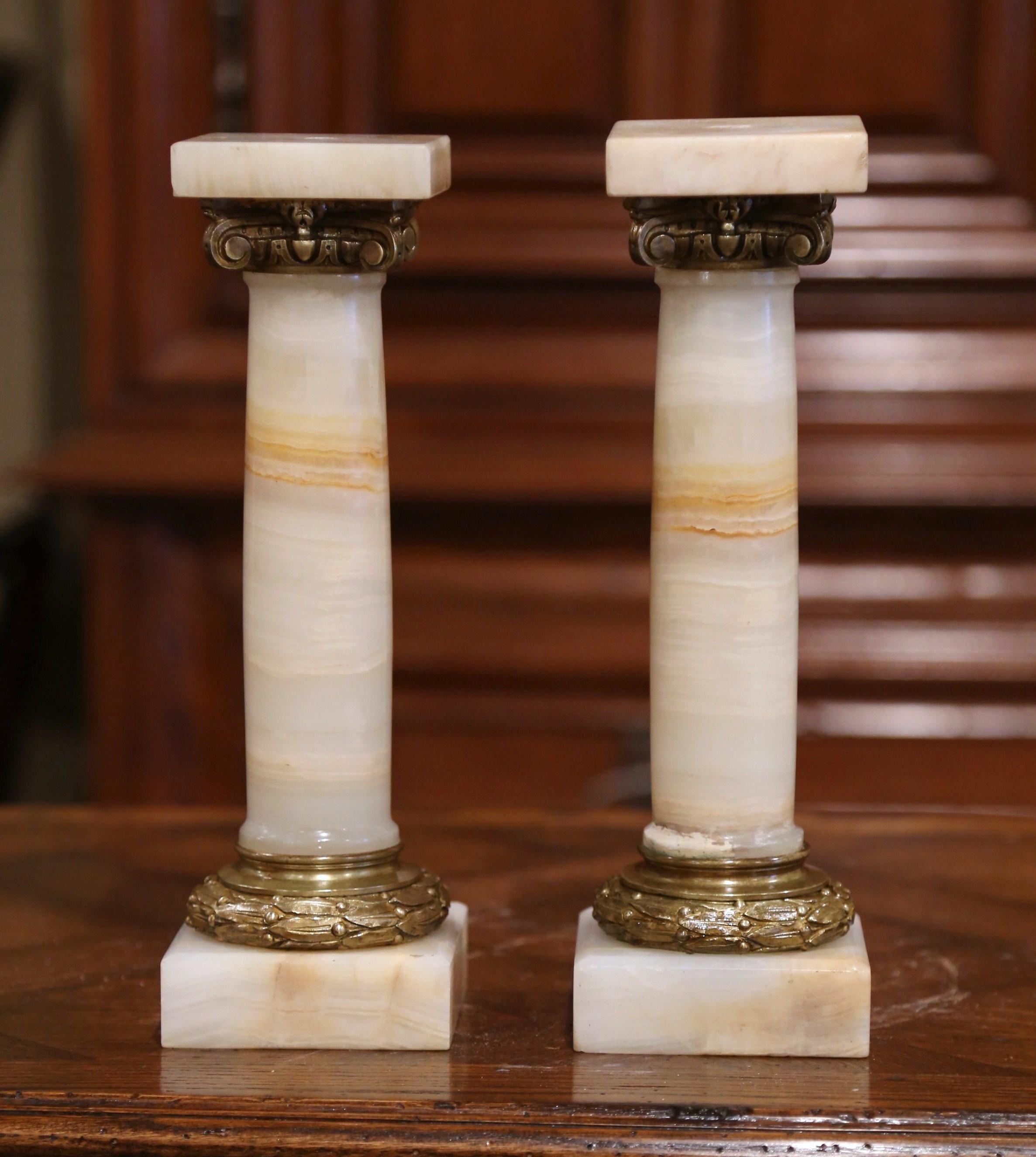 Hand-Carved Pair of 19th Century Napoleon III Carved Marble and Bronze Decorative Columns