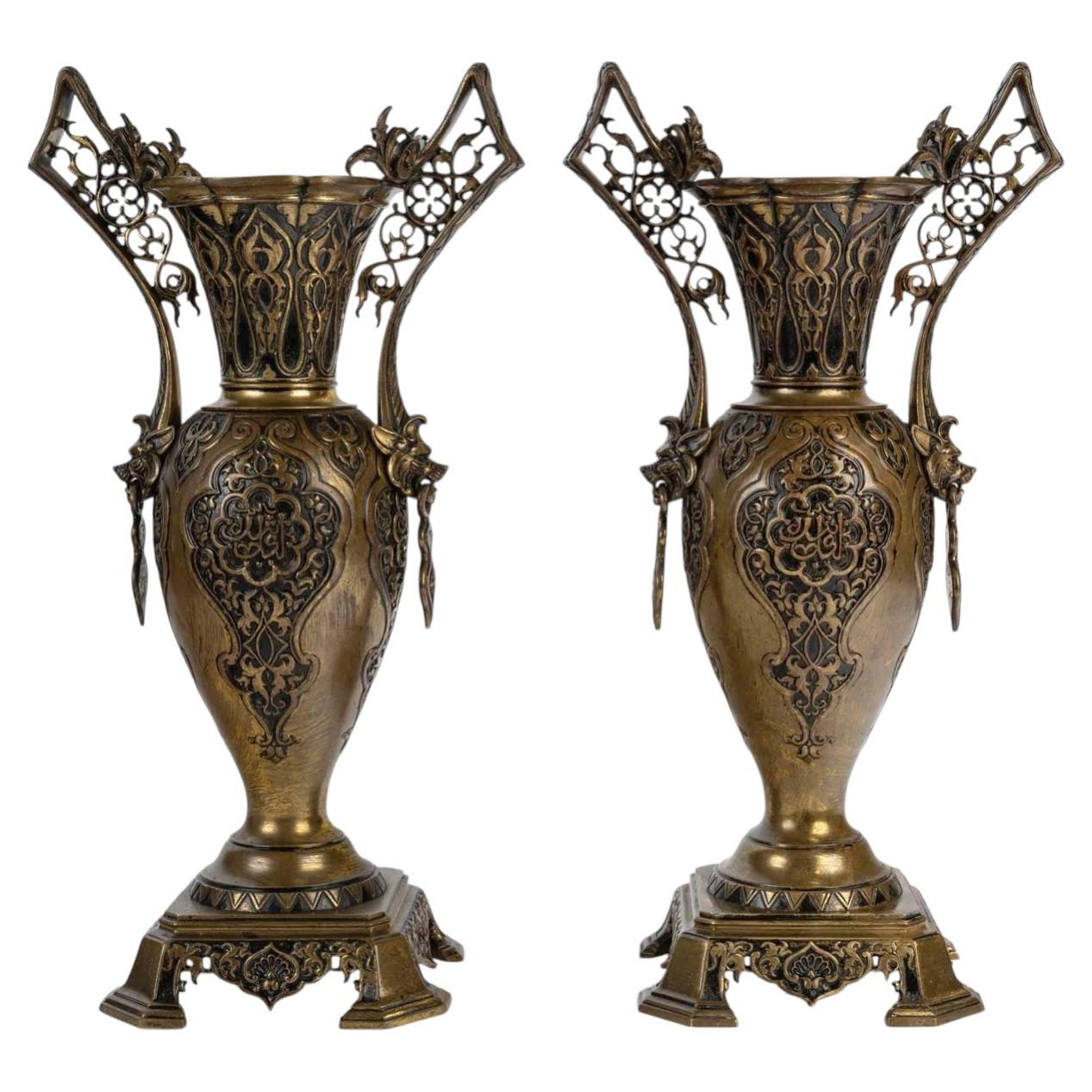 Pair Of 19th-century Napoleon III-era Bronze Vases In The Orientalist Style. For Sale