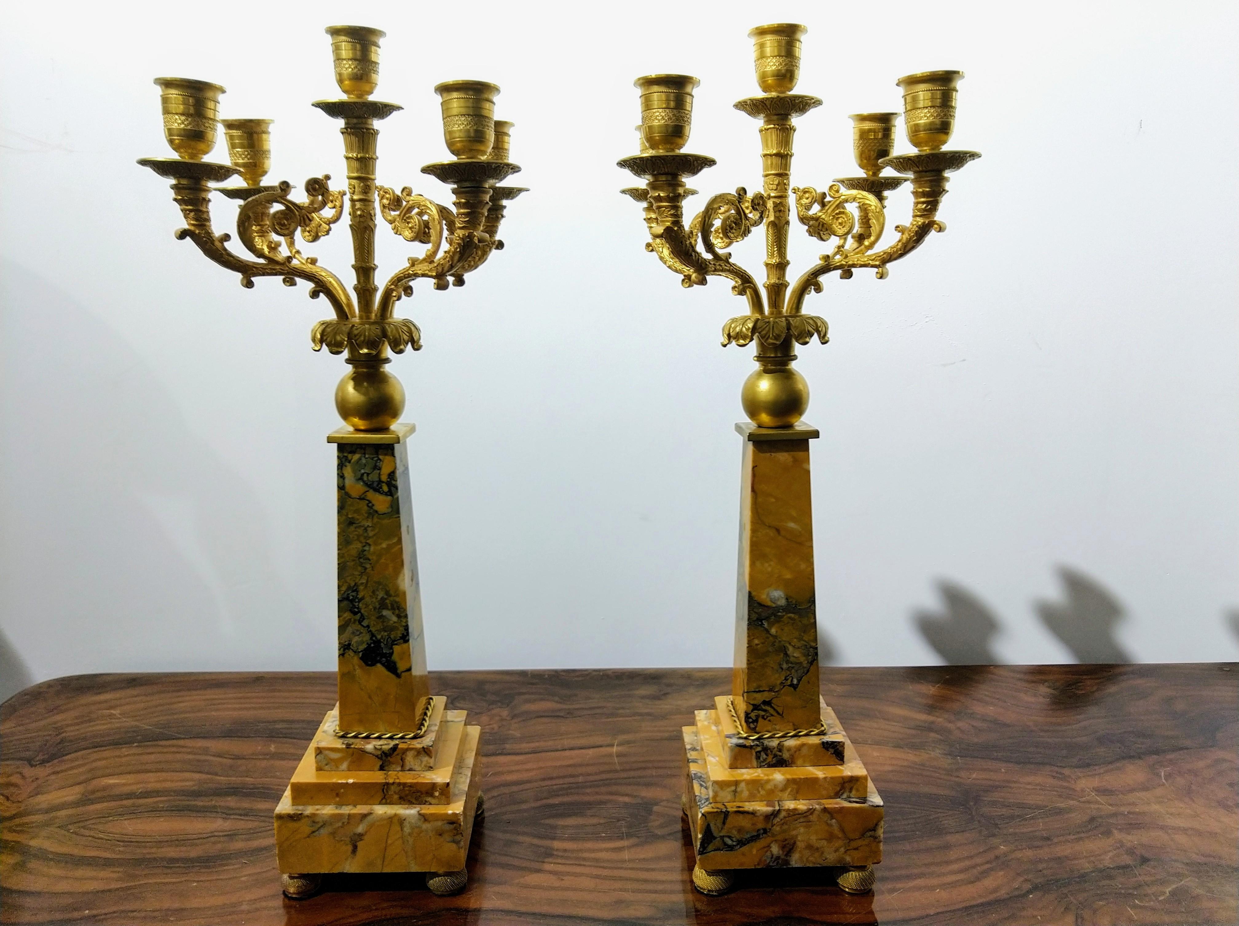 Italian Pair of 19th Century Napoleon III Ormolu Marble Candlesticks LAST PRICE For Sale