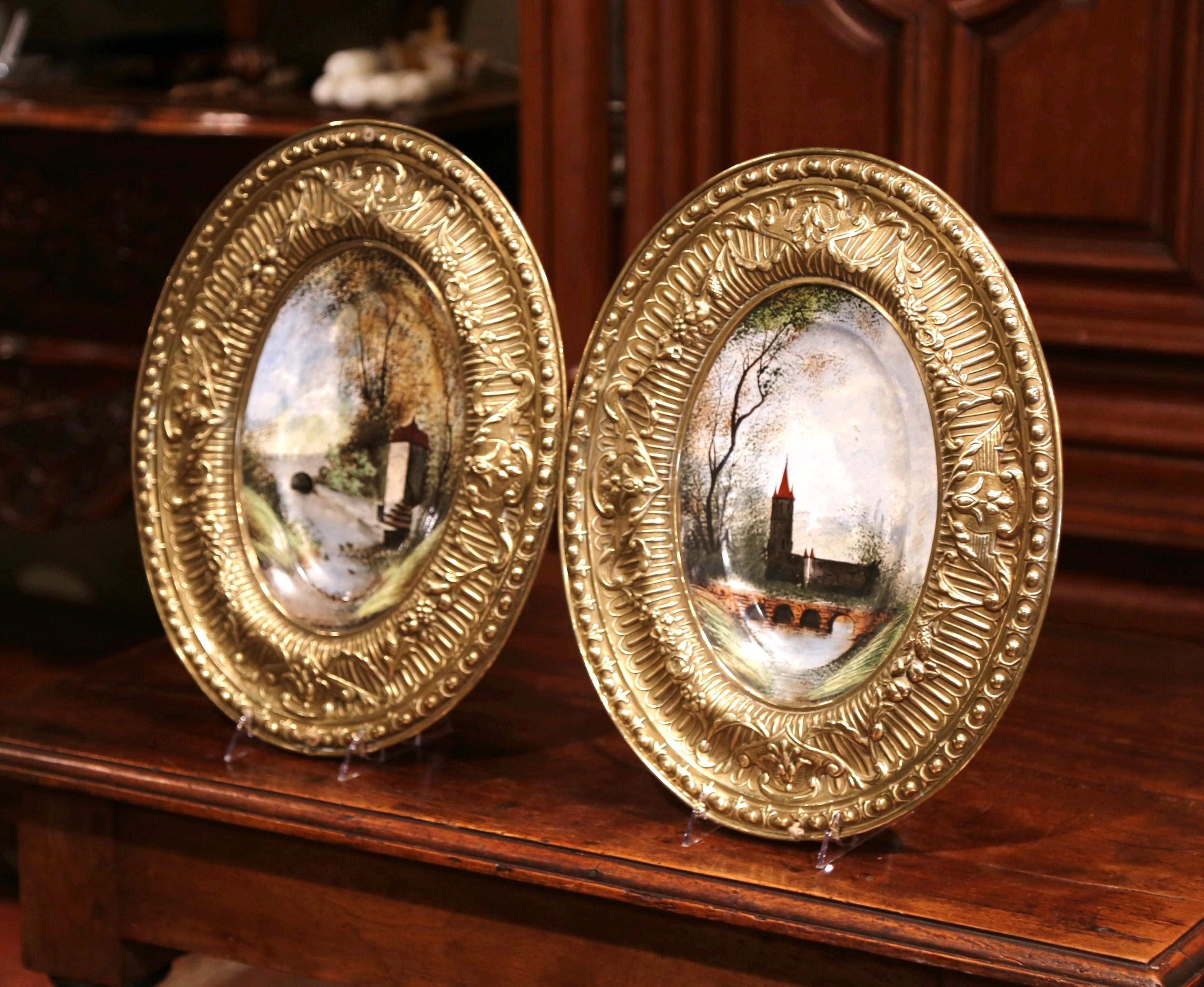 Patinated Pair of 19th Century Napoleon III Hand Painted Porcelain and Brass Wall Platters For Sale