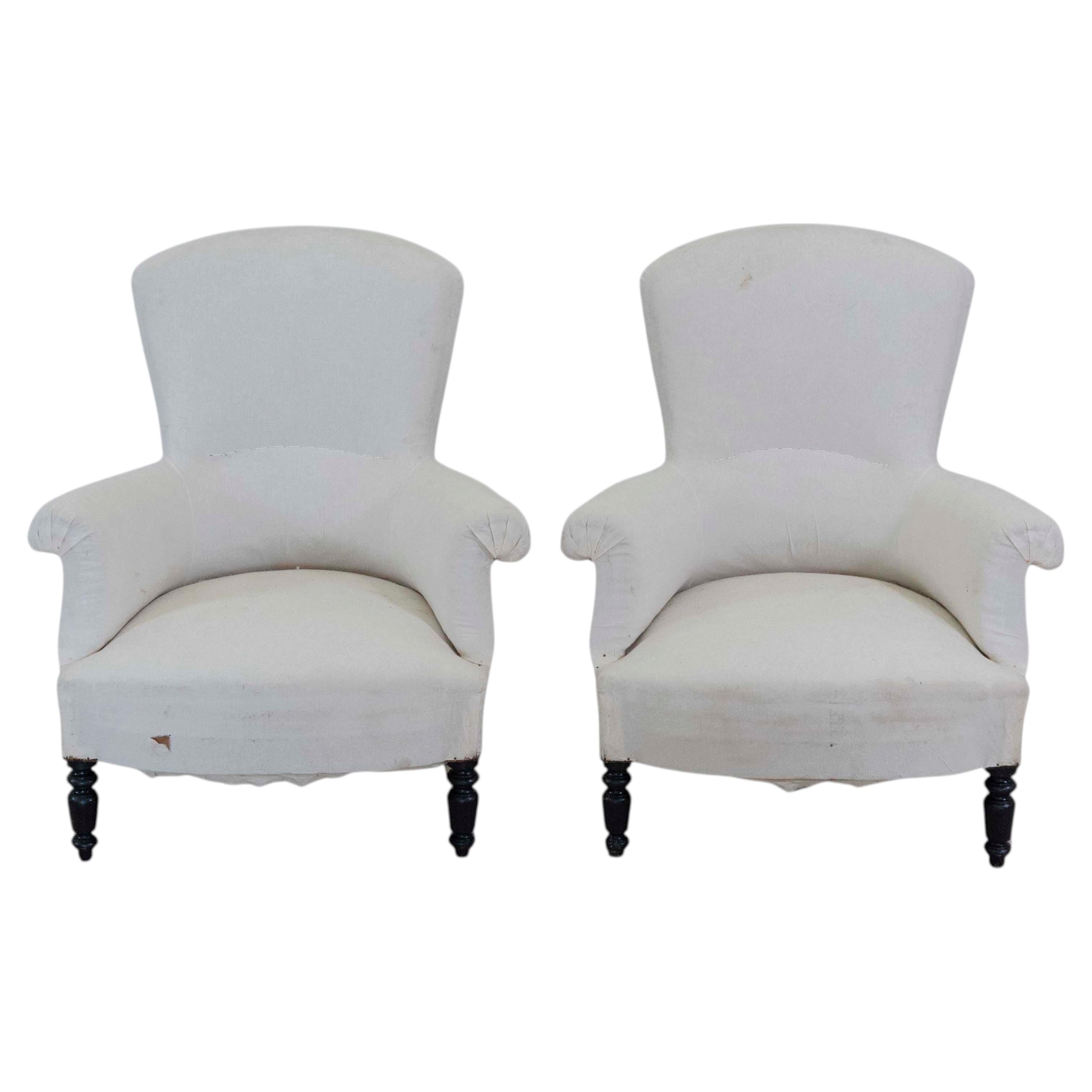 Pair of 19th Century Napoleon III High Back Armchairs, Ready to Upholster
