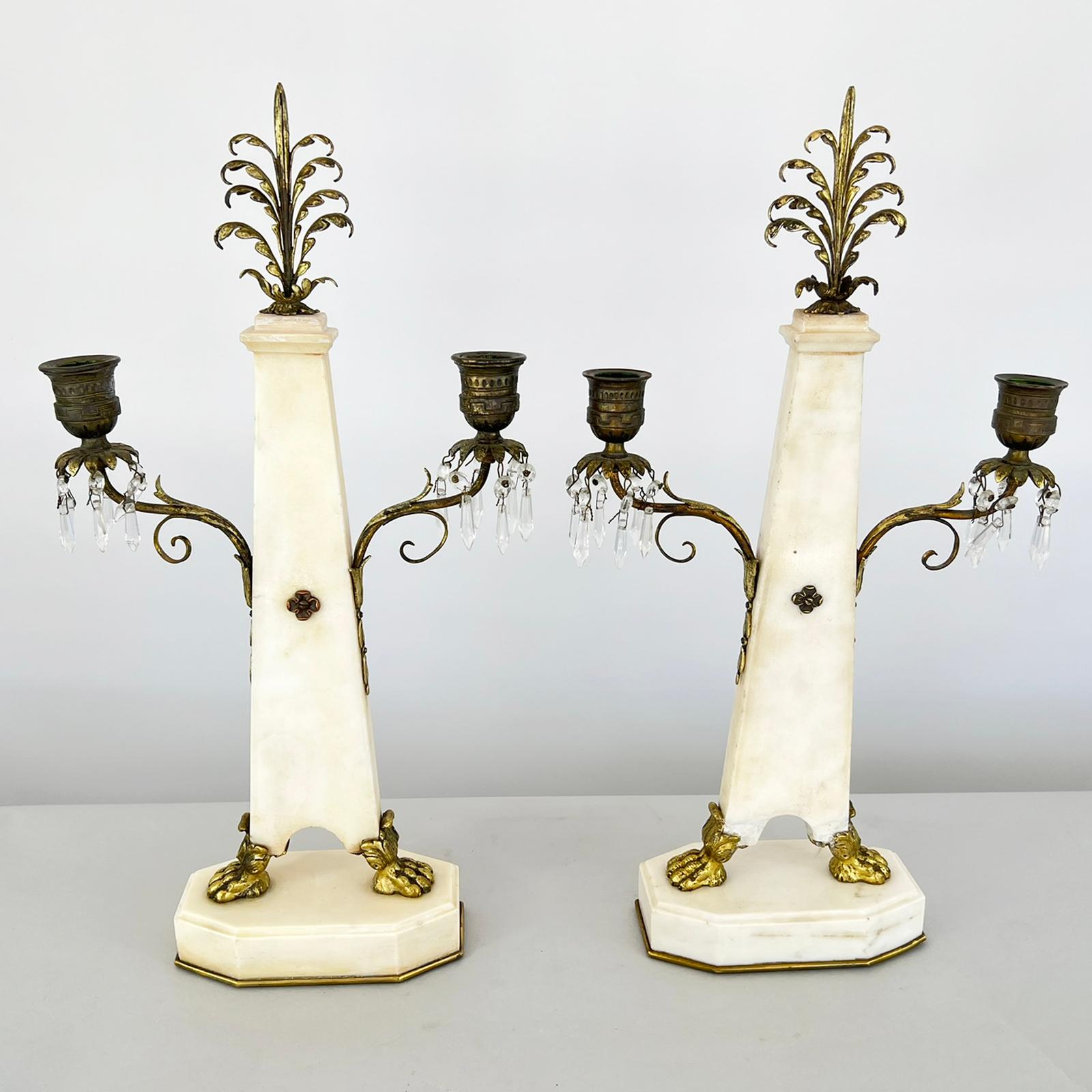 French Pair of 19th Century Napoleon III Inlaid Marble Mantle Girondoles For Sale