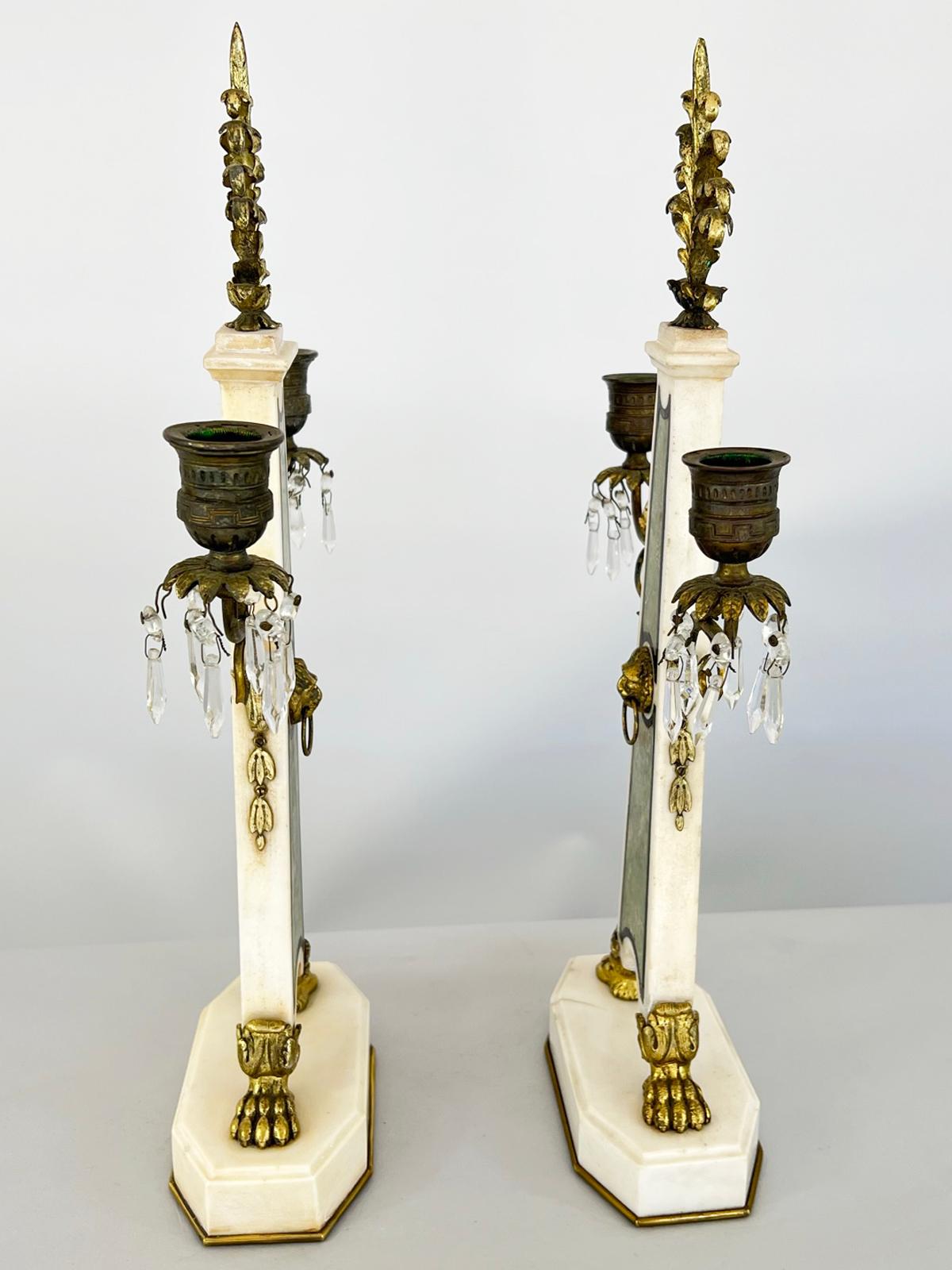 Faceted Pair of 19th Century Napoleon III Inlaid Marble Mantle Girondoles For Sale