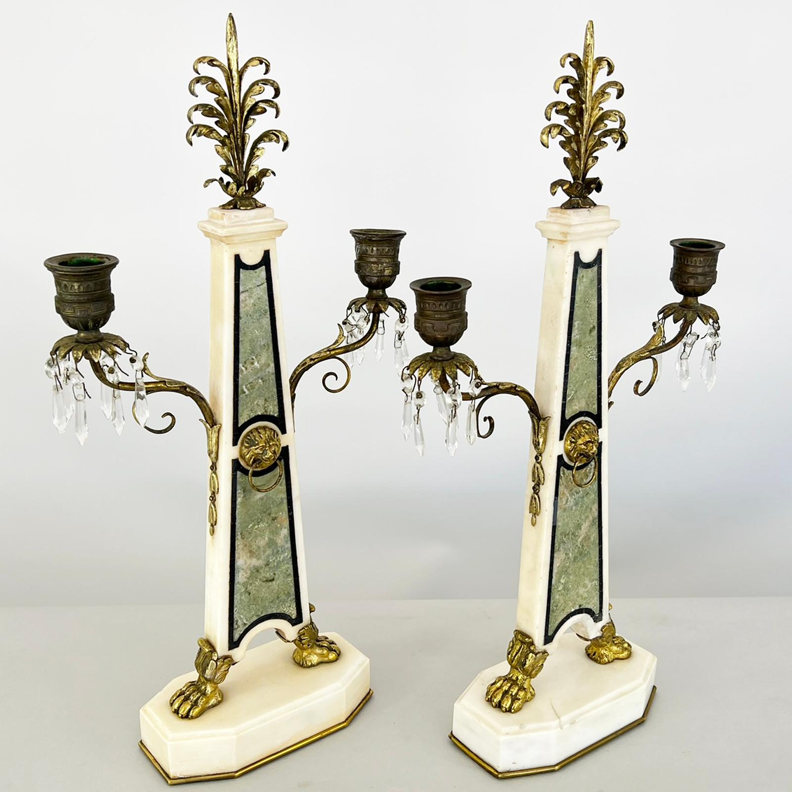 Pair of 19th Century Napoleon III Inlaid Marble Mantle Girondoles In Good Condition For Sale In West Palm Beach, FL