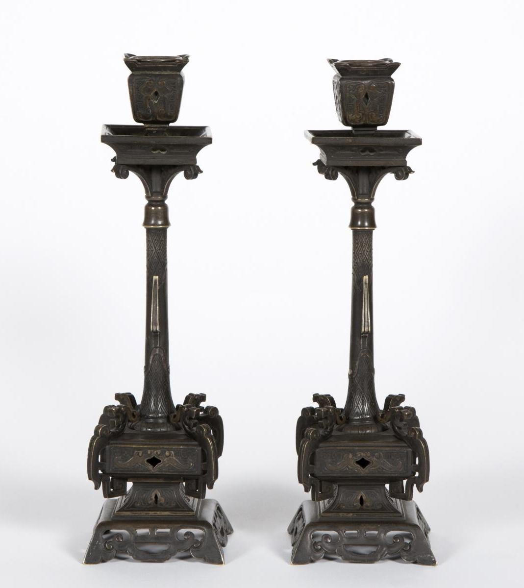 Patinated Pair of 19th Century Napoleon III Period Candlesticks. For Sale