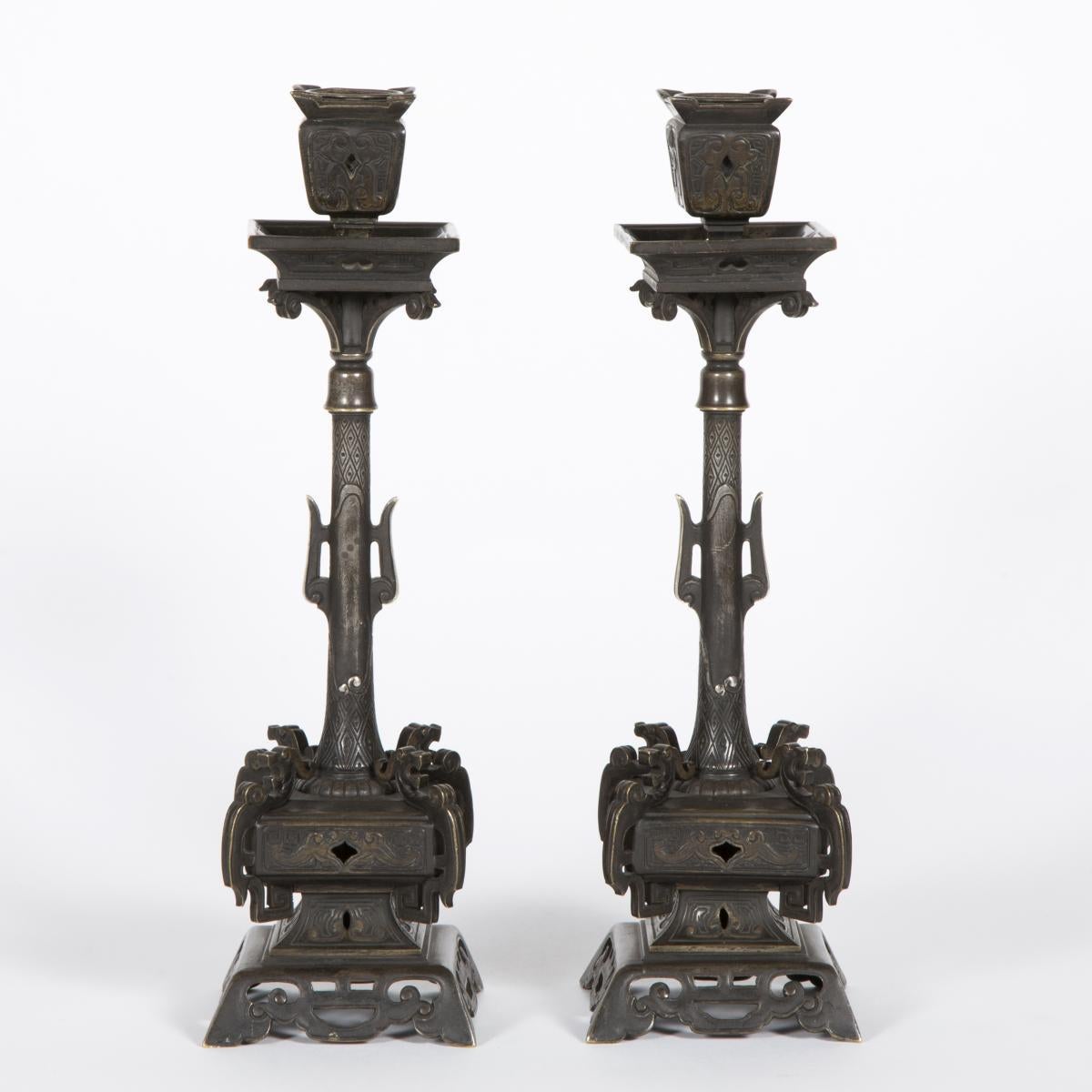 Bronze Pair of 19th Century Napoleon III Period Candlesticks. For Sale