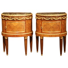 Antique Pair of 19th Century Napoleon III Walnut and Bronze Nightstands with Marble Top
