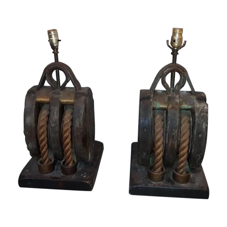 Pair of 19th Century Nautical Pullies Now as Lamps
