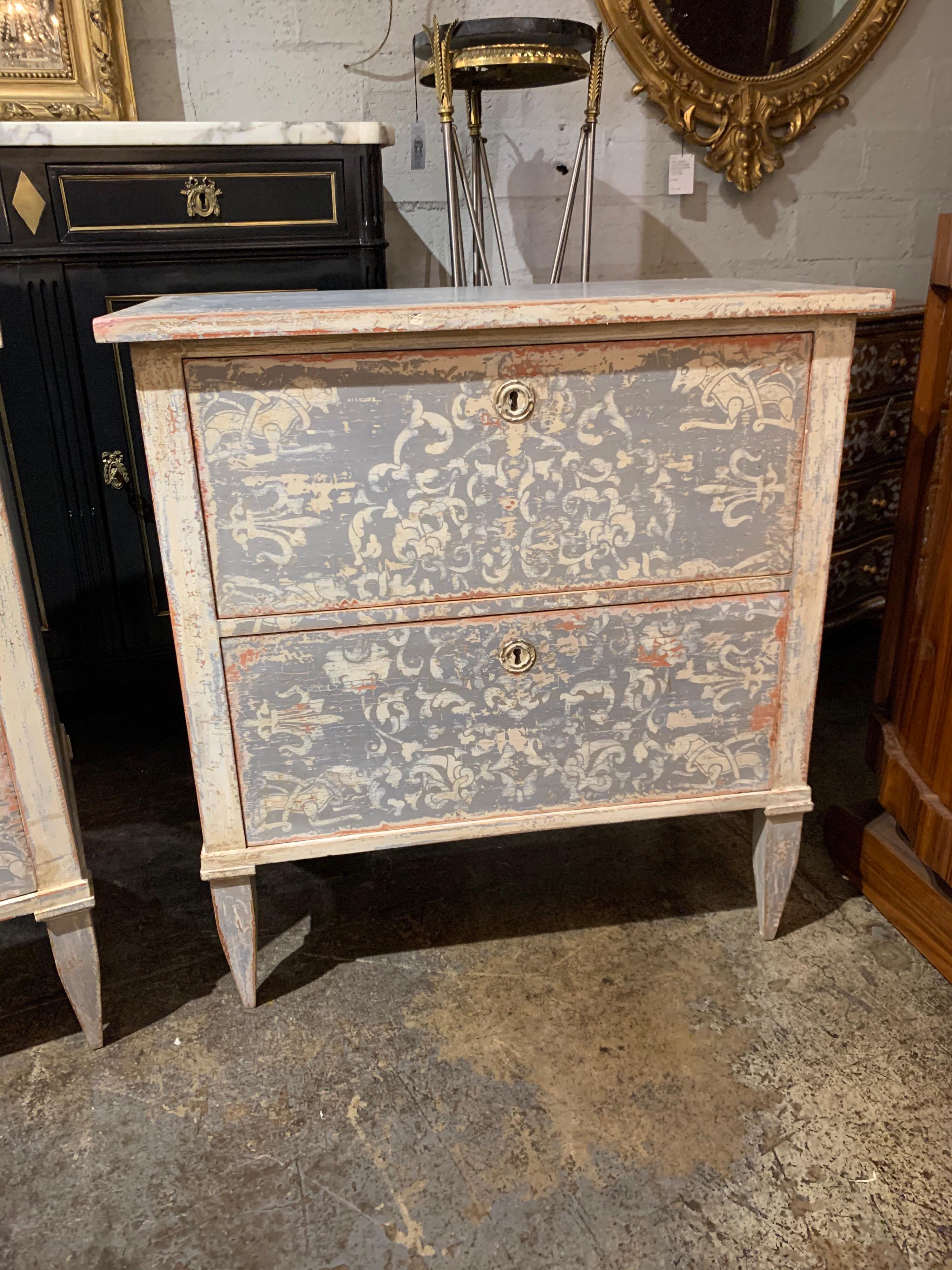 Hand-Painted Pair of 19th Century Neoclassical Painted 2-Drawer Bed Side Tables