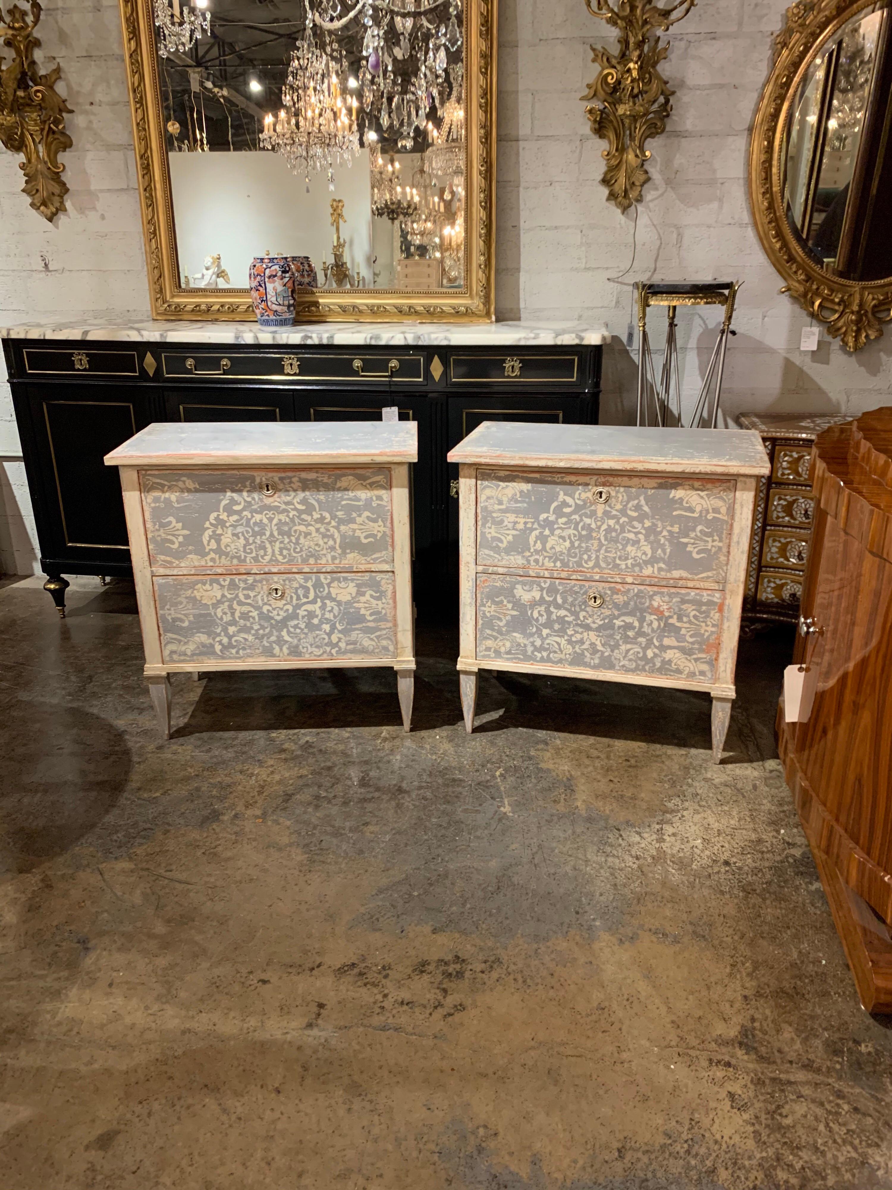 Pair of 19th Century Neoclassical Painted 2-Drawer Bed Side Tables 1