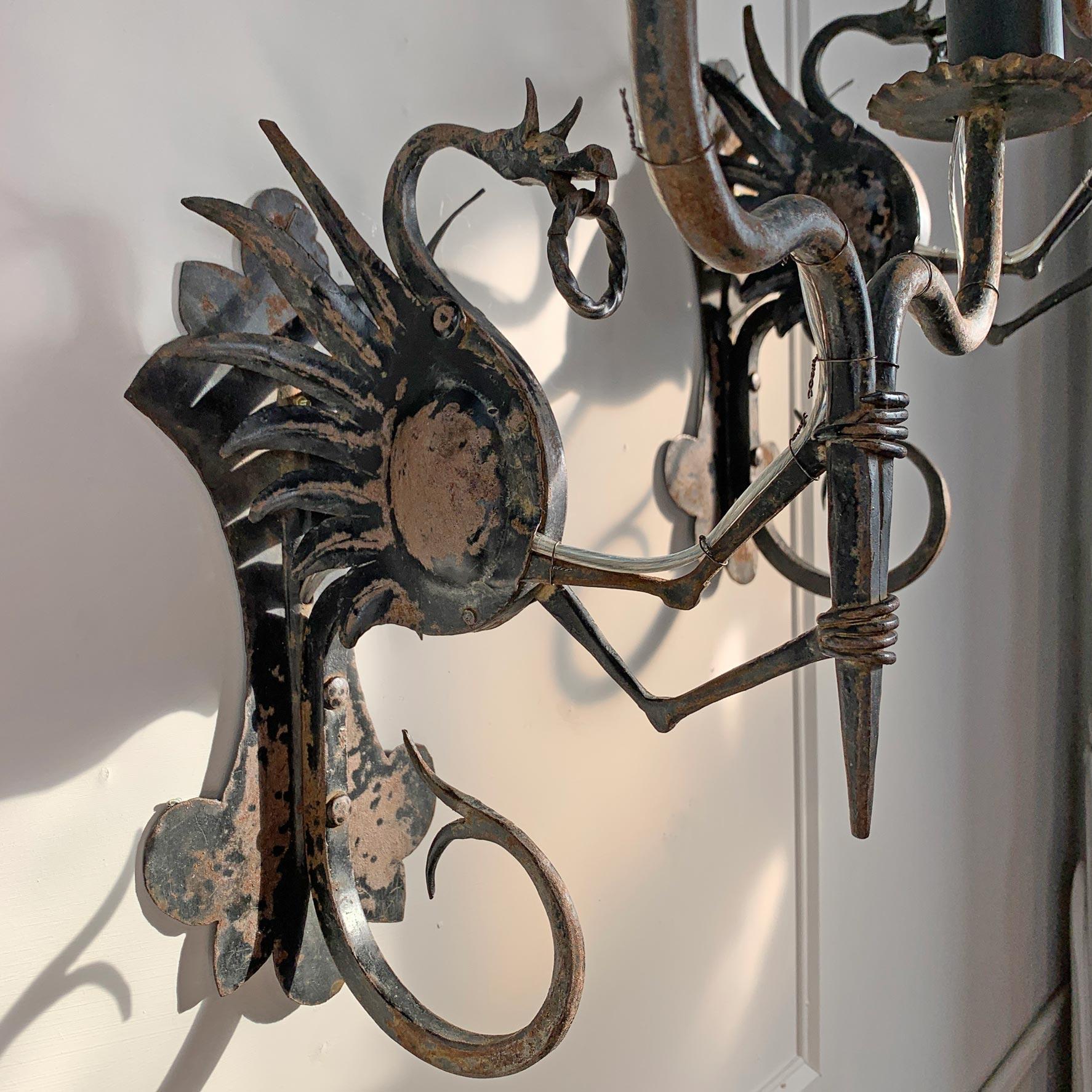 Hand-Crafted Pair of 19th Century Neo-Gothic Italian Wrought Iron Dragon Wall Lights For Sale