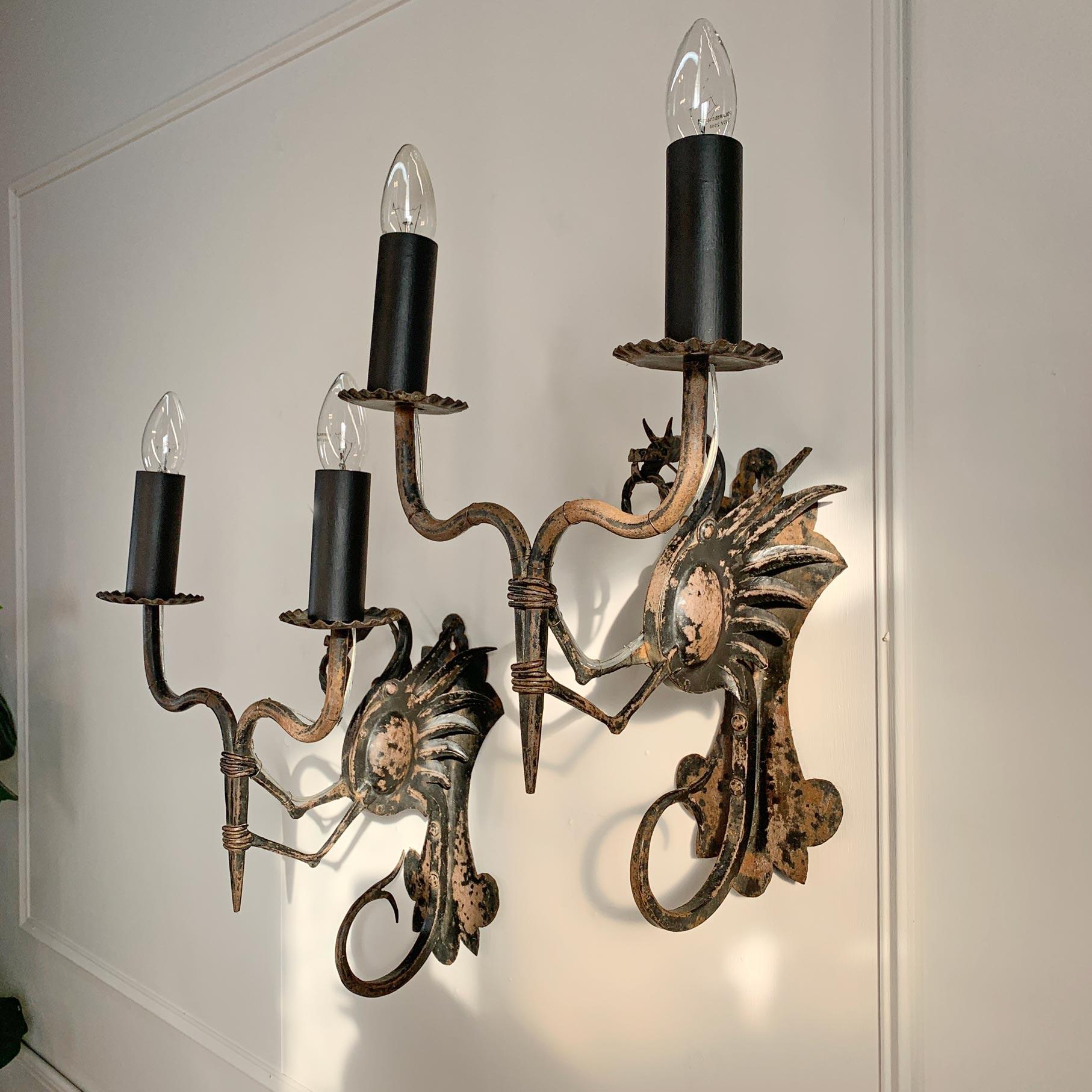 Pair of 19th Century Neo-Gothic Italian Wrought Iron Dragon Wall Lights For Sale 2