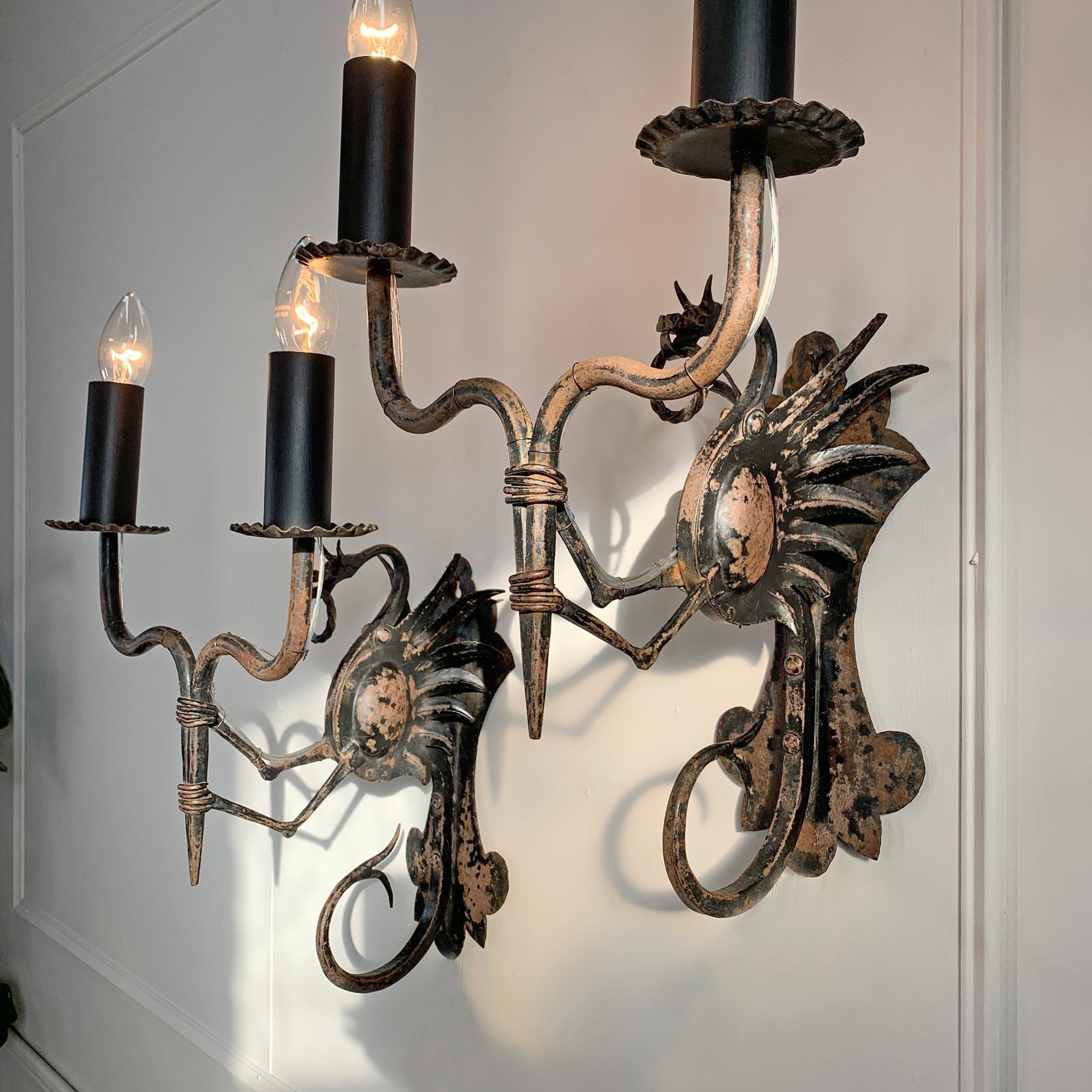 Pair of 19th Century Neo-Gothic Italian Wrought Iron Dragon Wall Lights For Sale 3