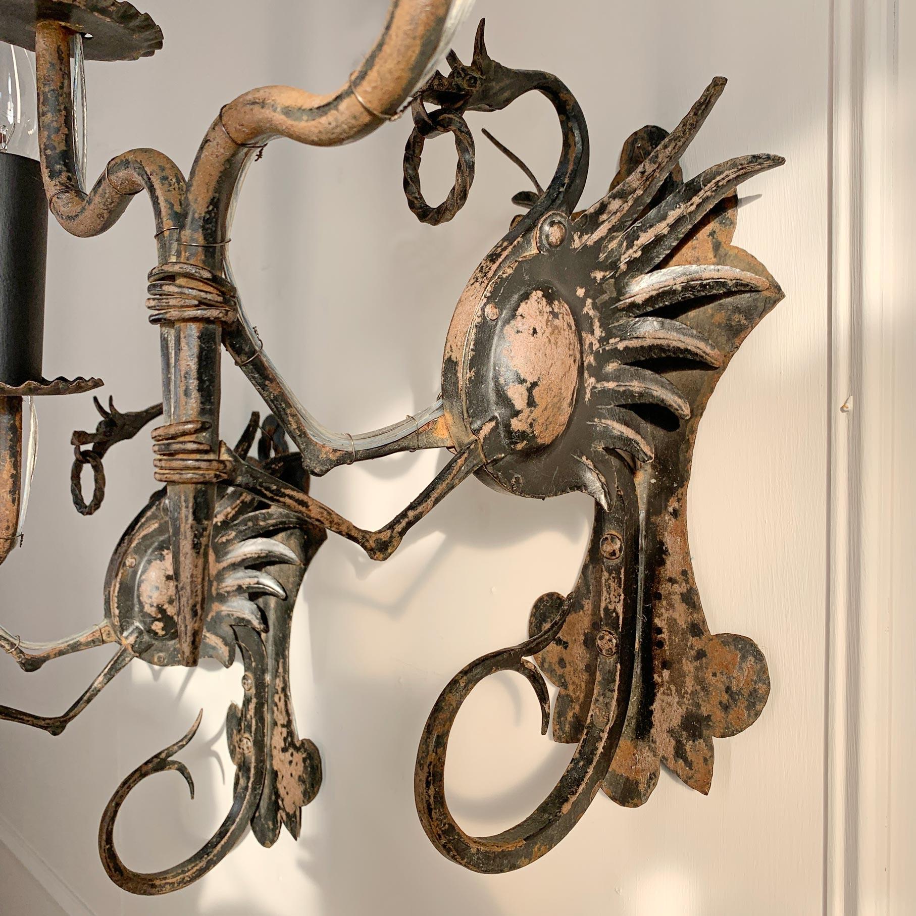 Pair of 19th Century Neo-Gothic Italian Wrought Iron Dragon Wall Lights For Sale 3
