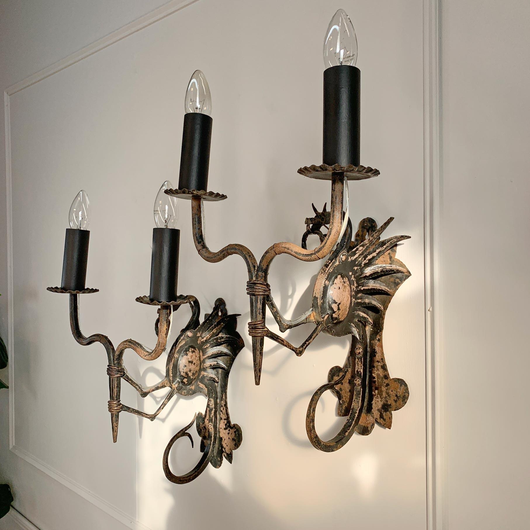 Pair of 19th Century Neo-Gothic Italian Wrought Iron Dragon Wall Lights For Sale 5