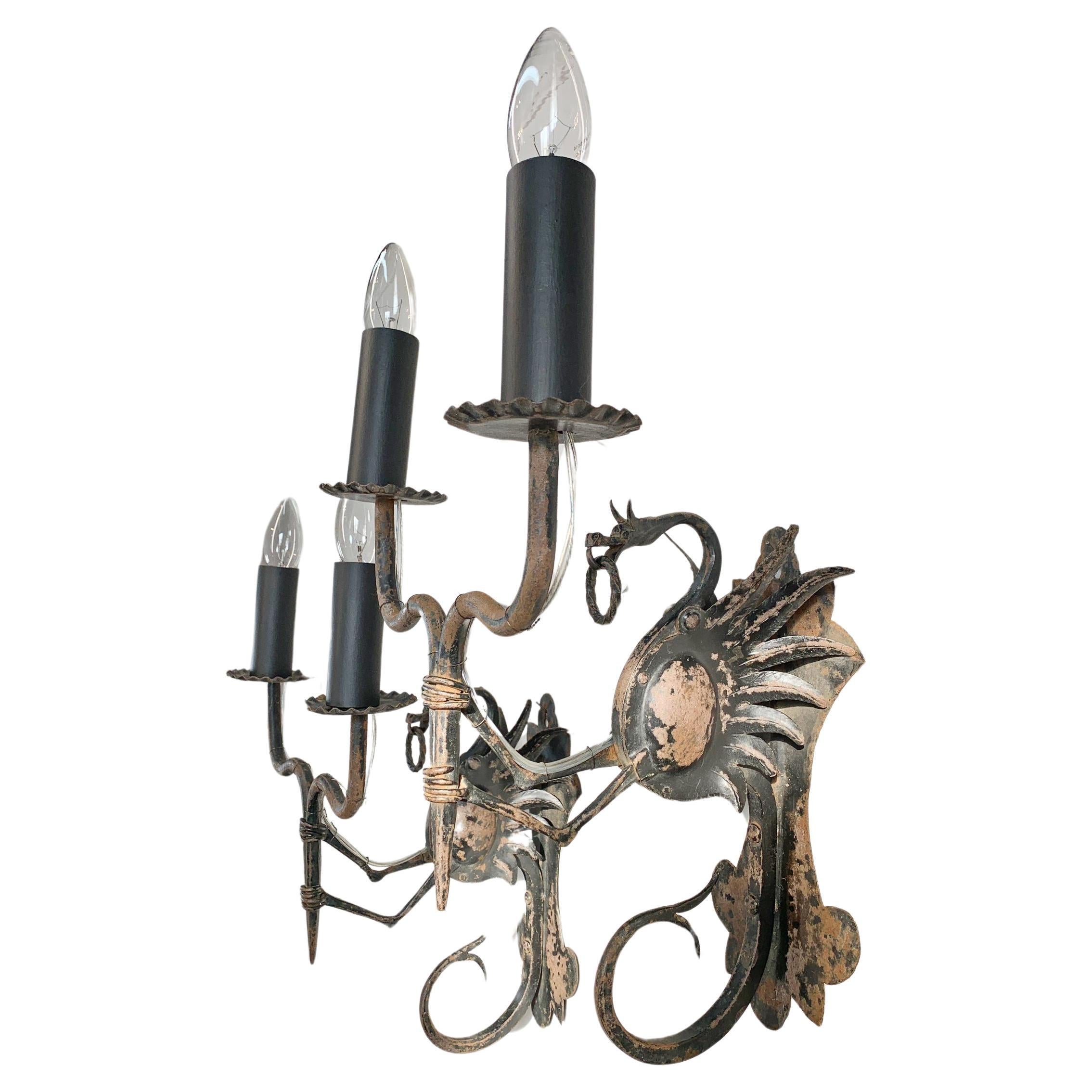 Pair of 19th Century Neo-Gothic Italian Wrought Iron Dragon Wall Lights For Sale