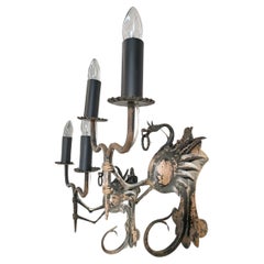 Pair of 19th Century Neo-Gothic Italian Wrought Iron Dragon Wall Lights