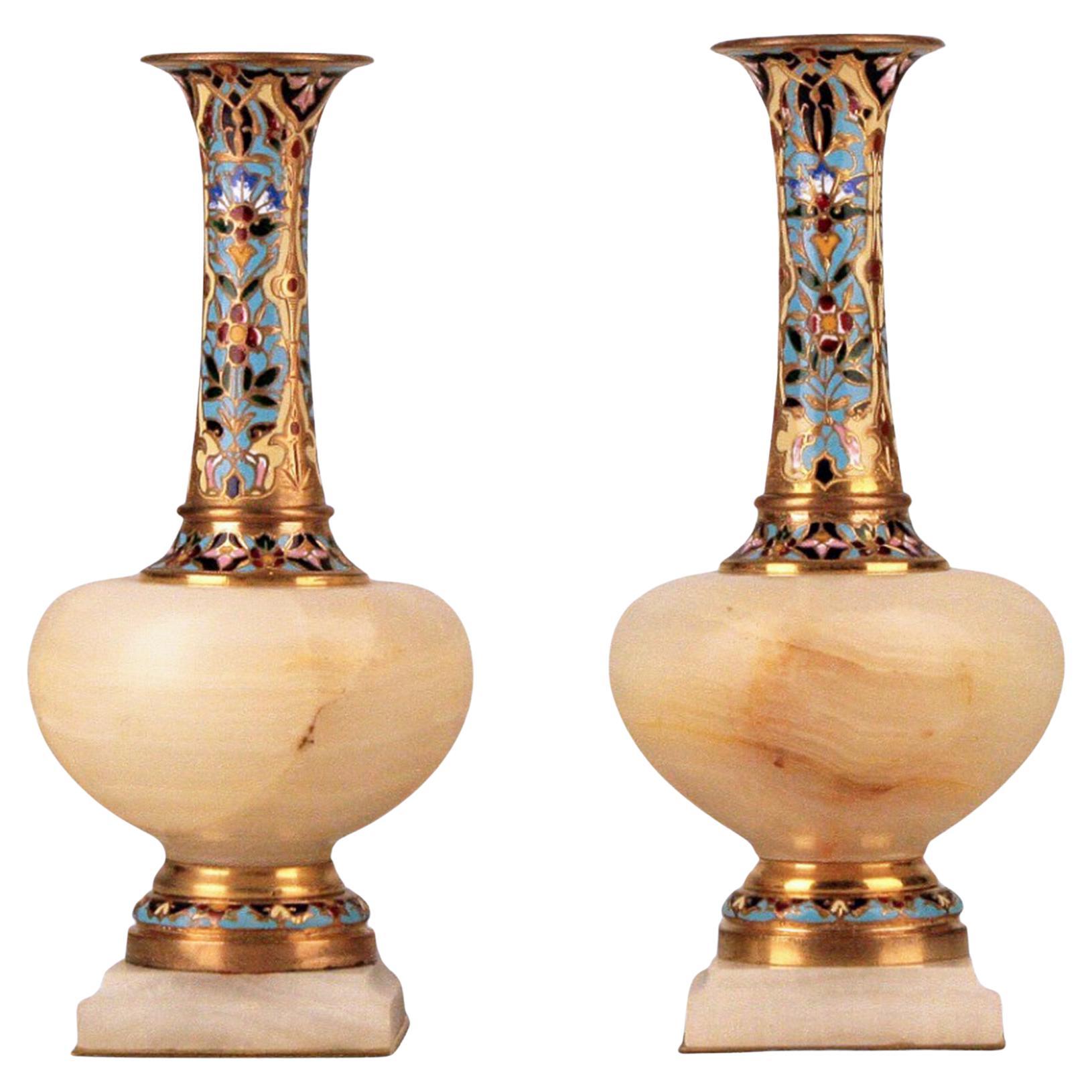 Pair of 19th Century Neoclassical Bronce and Onyx Champlevé Enamel Vases, France