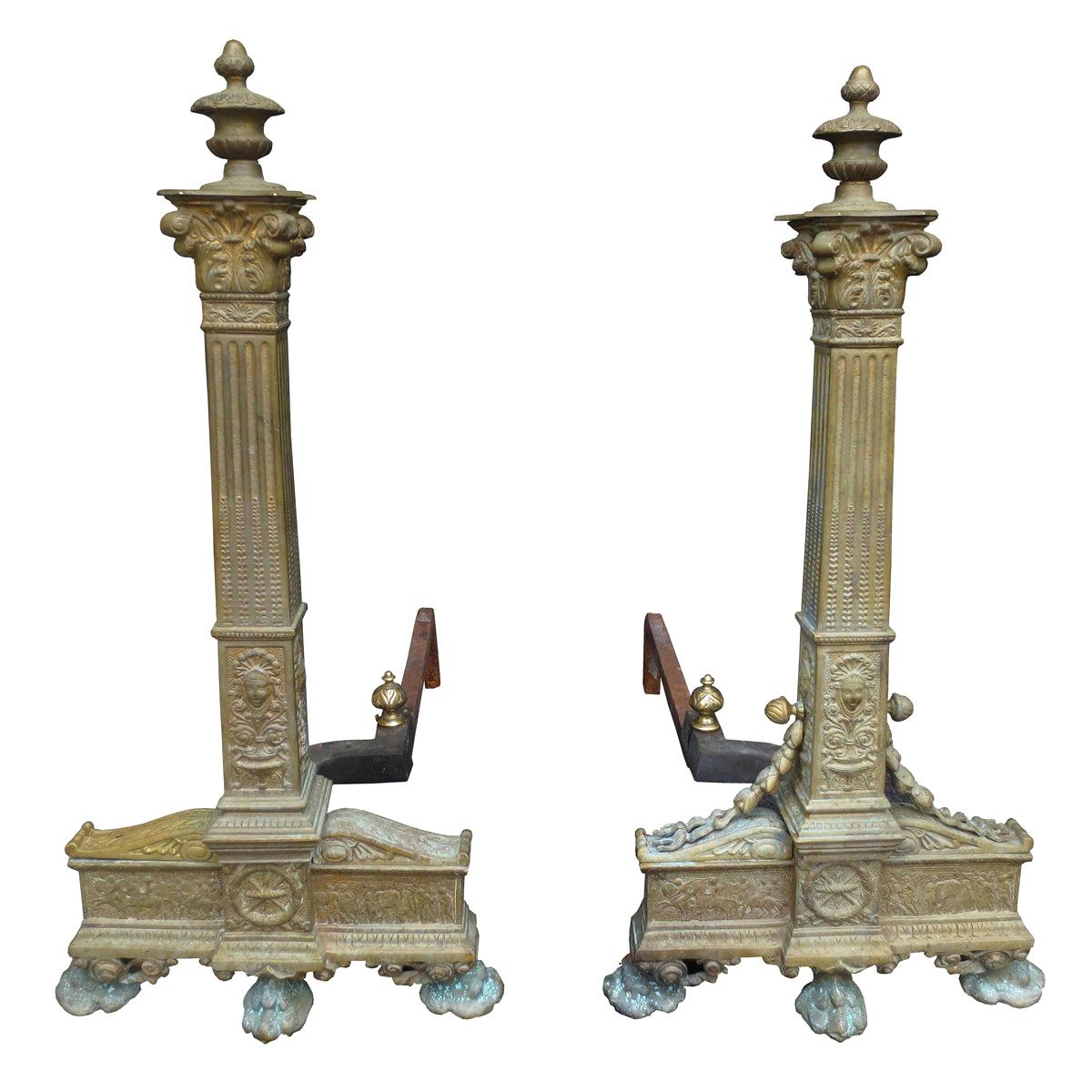 Pair of 19th Century Neoclassical Bronze Andirons