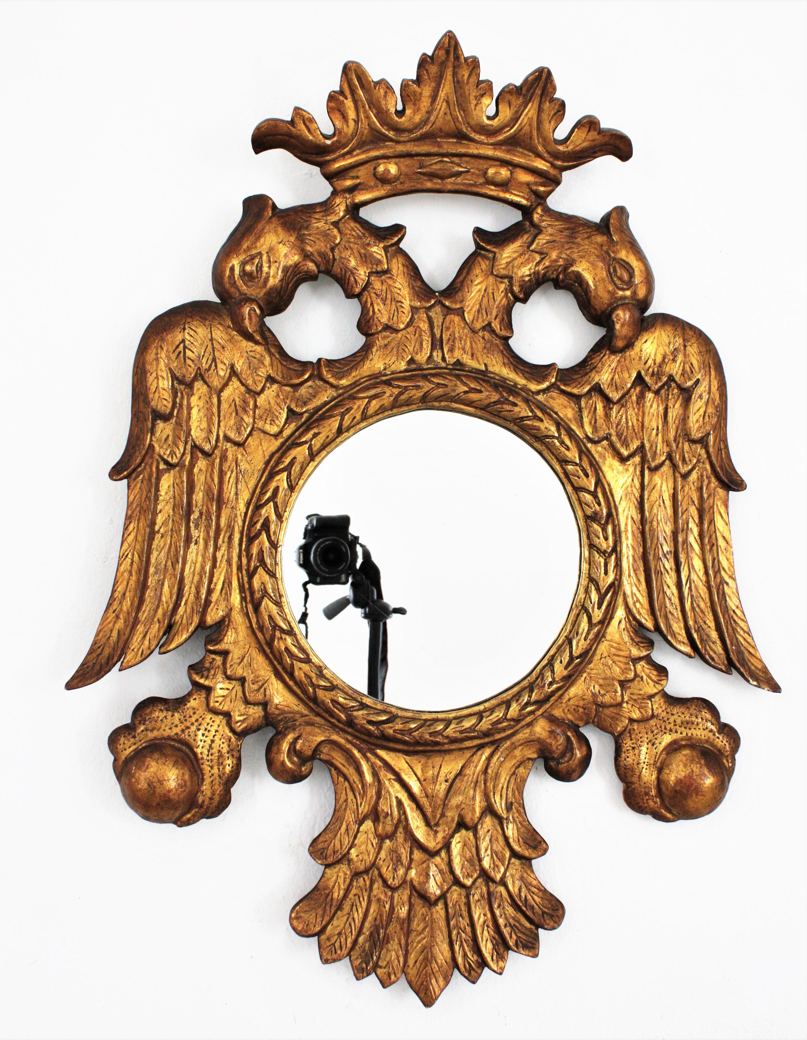 Pair of 19th Century Neoclassical Carved Giltwood Double Headed Eagle Mirrors In Good Condition In Barcelona, ES