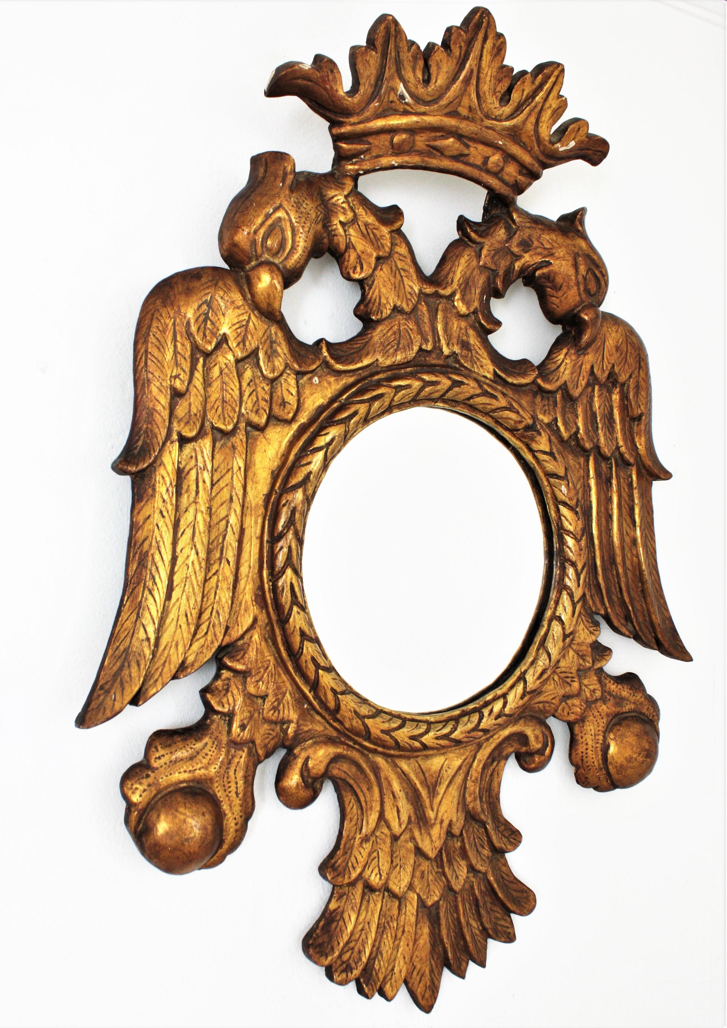 Gesso Pair of 19th Century Neoclassical Carved Giltwood Double Headed Eagle Mirrors