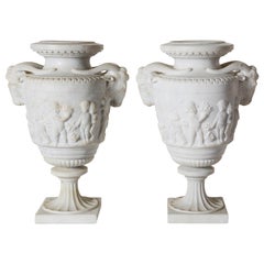 Pair of 19th Century Neoclassical Carved Marble Urns