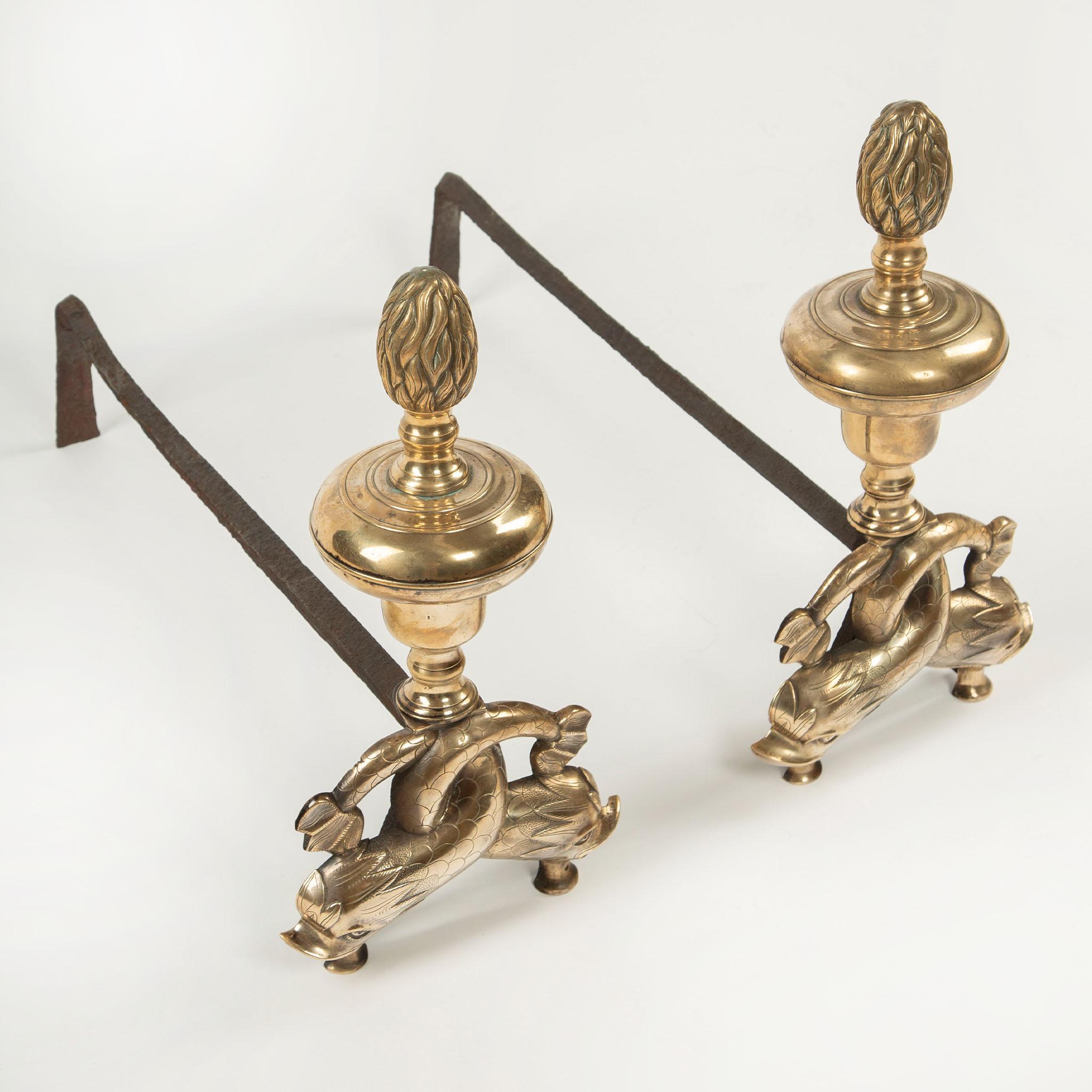 Pair of 19th Century Neoclassical Dolphin Andirons In Excellent Condition For Sale In New York, NY