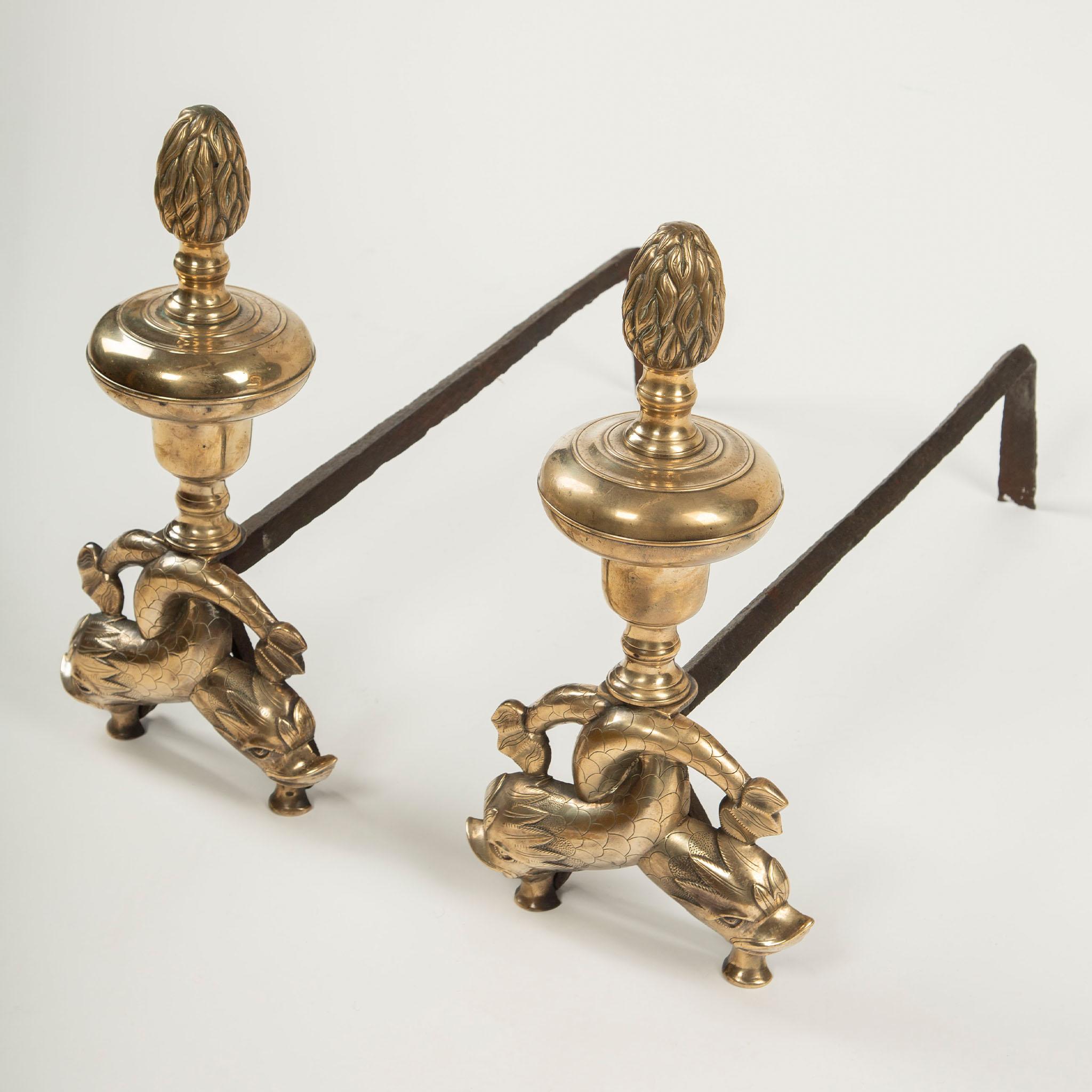 Brass Pair of 19th Century Neoclassical Dolphin Andirons For Sale