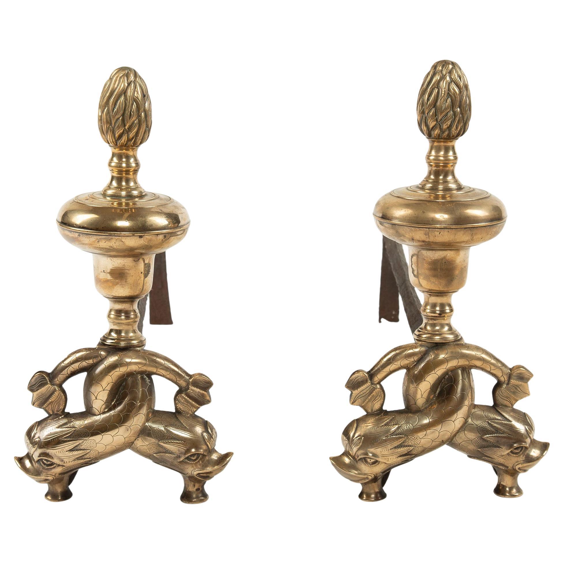 Pair of 19th Century Neoclassical Dolphin Andirons