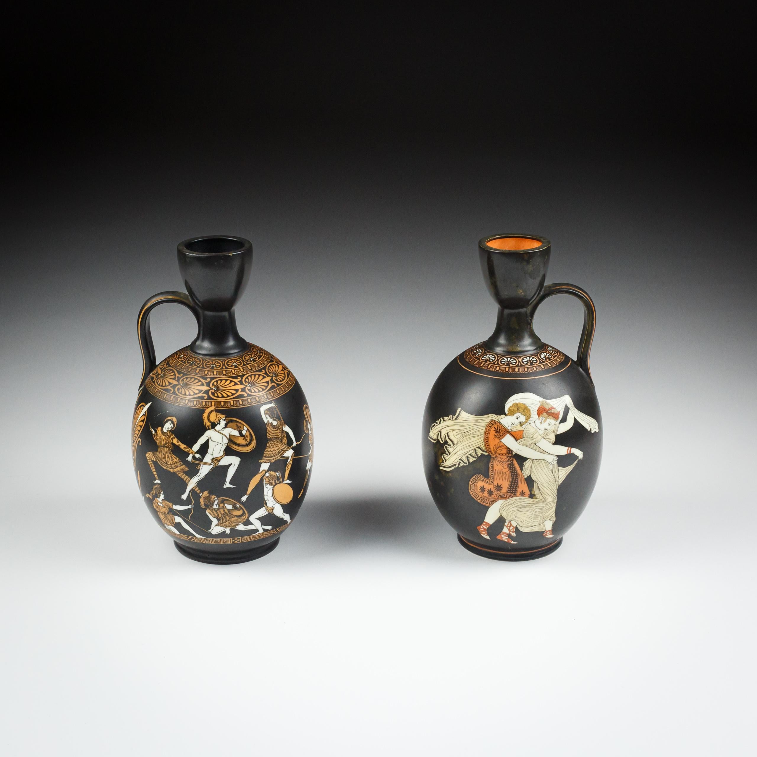 Pair of 19th Century Neoclassical Ewers By Samuel Alcock & Co Porcelain ovoid shape ewer with loop handle, both ewers decorated with greek style decoration of palmettes and scrolls. One Depicting 