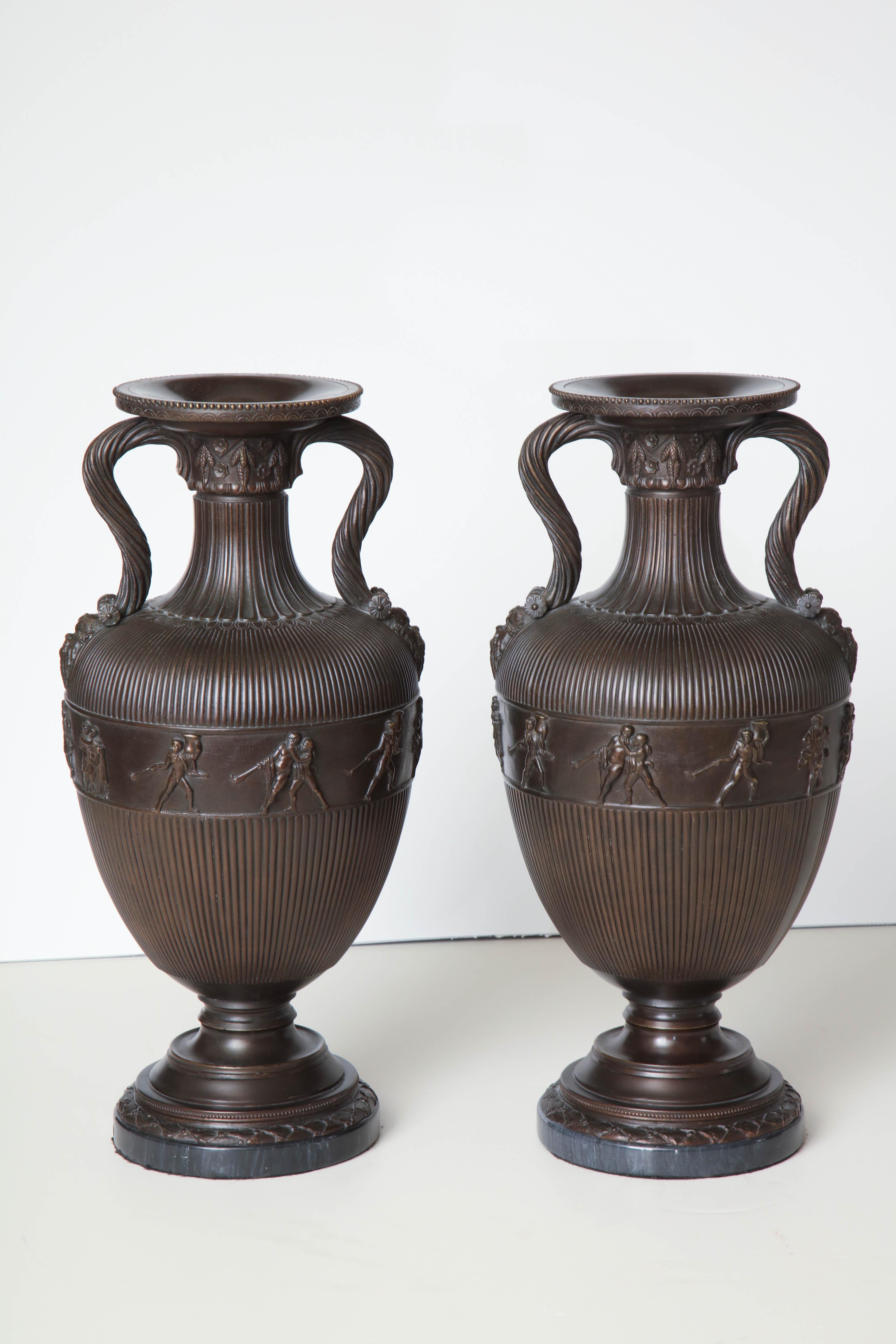 Pair of 19th Century Neoclassical, French, Bronze Urns on Marble Bases For Sale 7