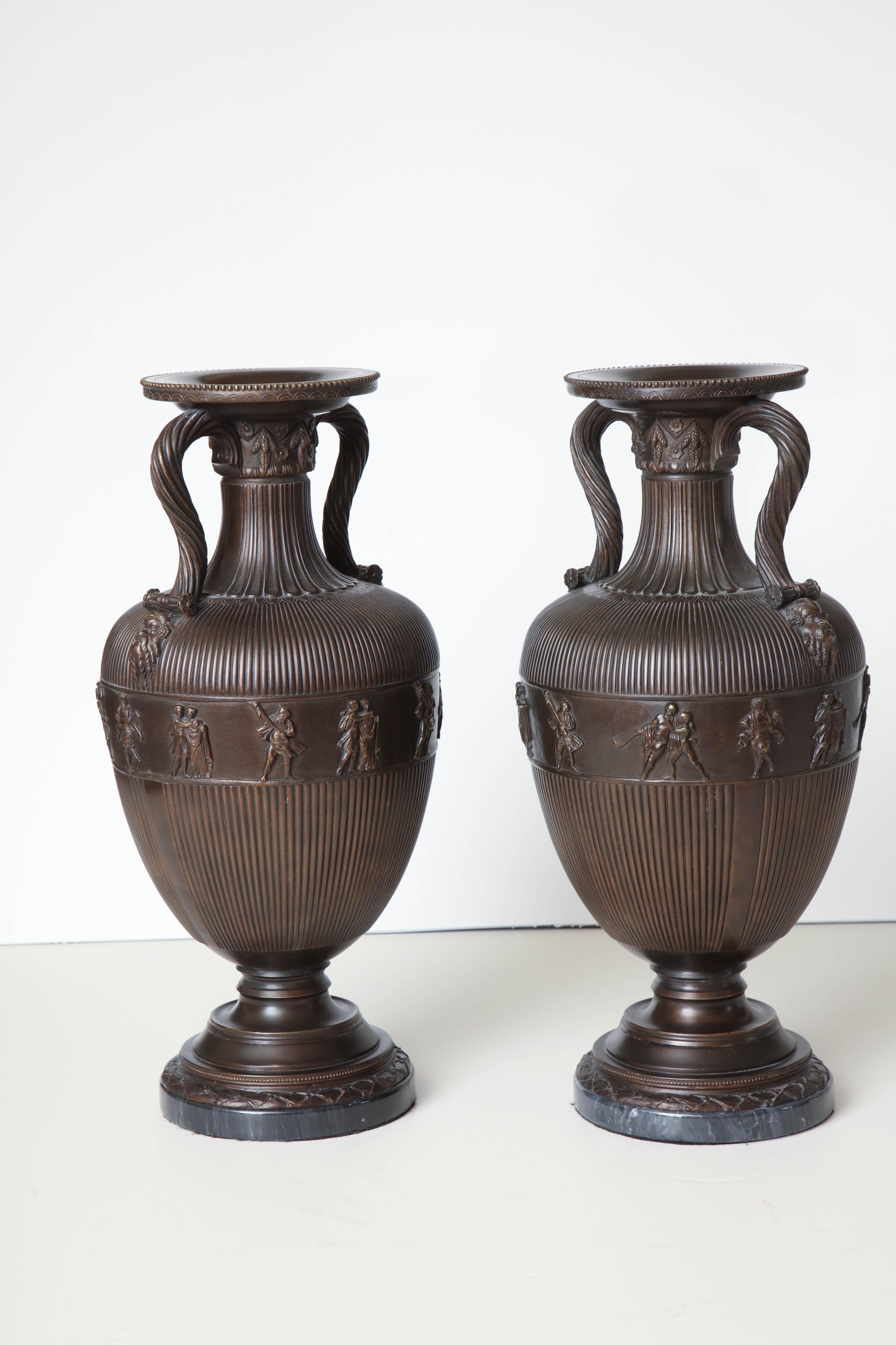 Pair of 19th Century Neoclassical, French, Bronze Urns on Marble Bases For Sale 5