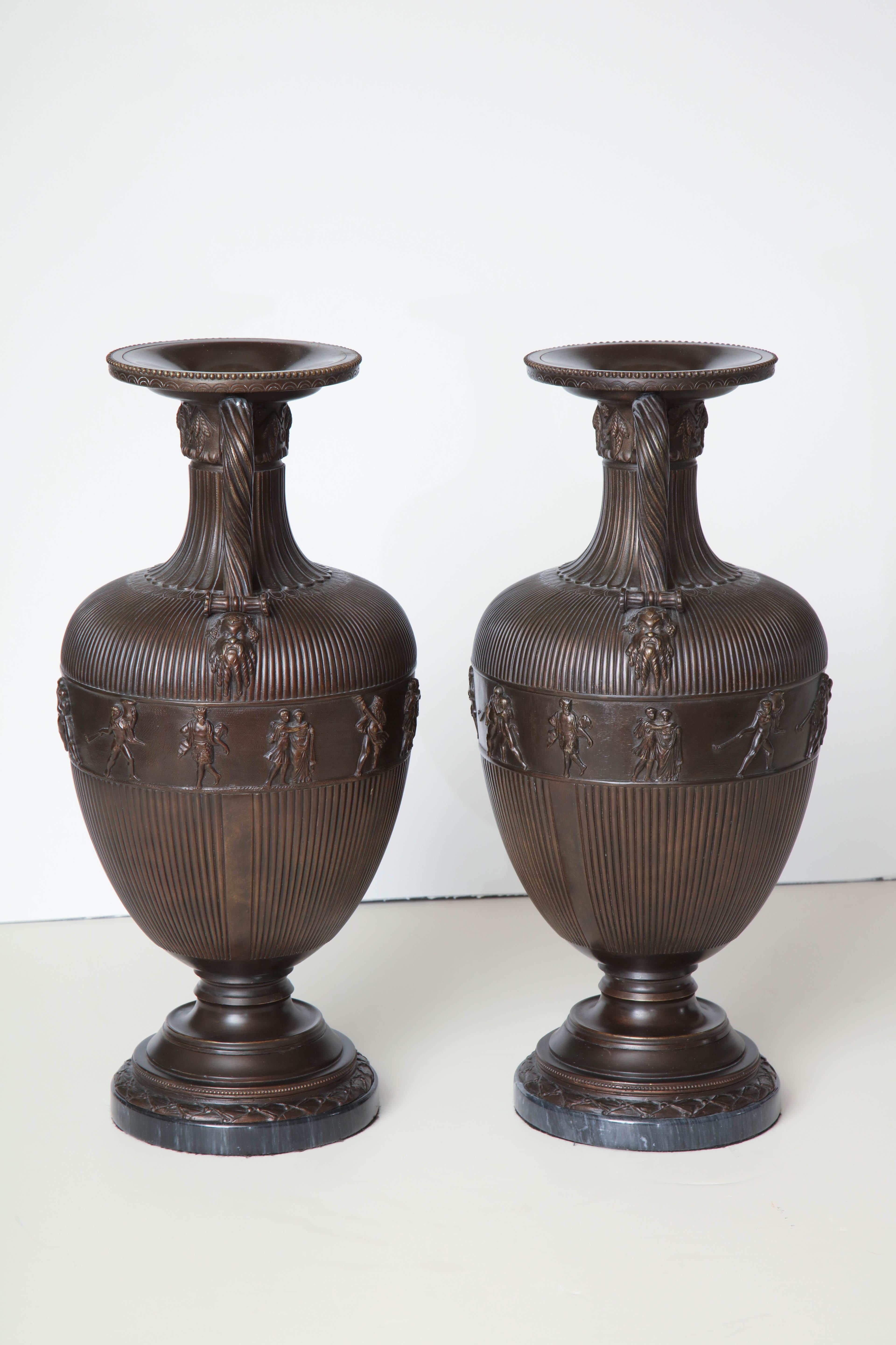 Pair of 19th Century Neoclassical, French, Bronze Urns on Marble Bases For Sale 6
