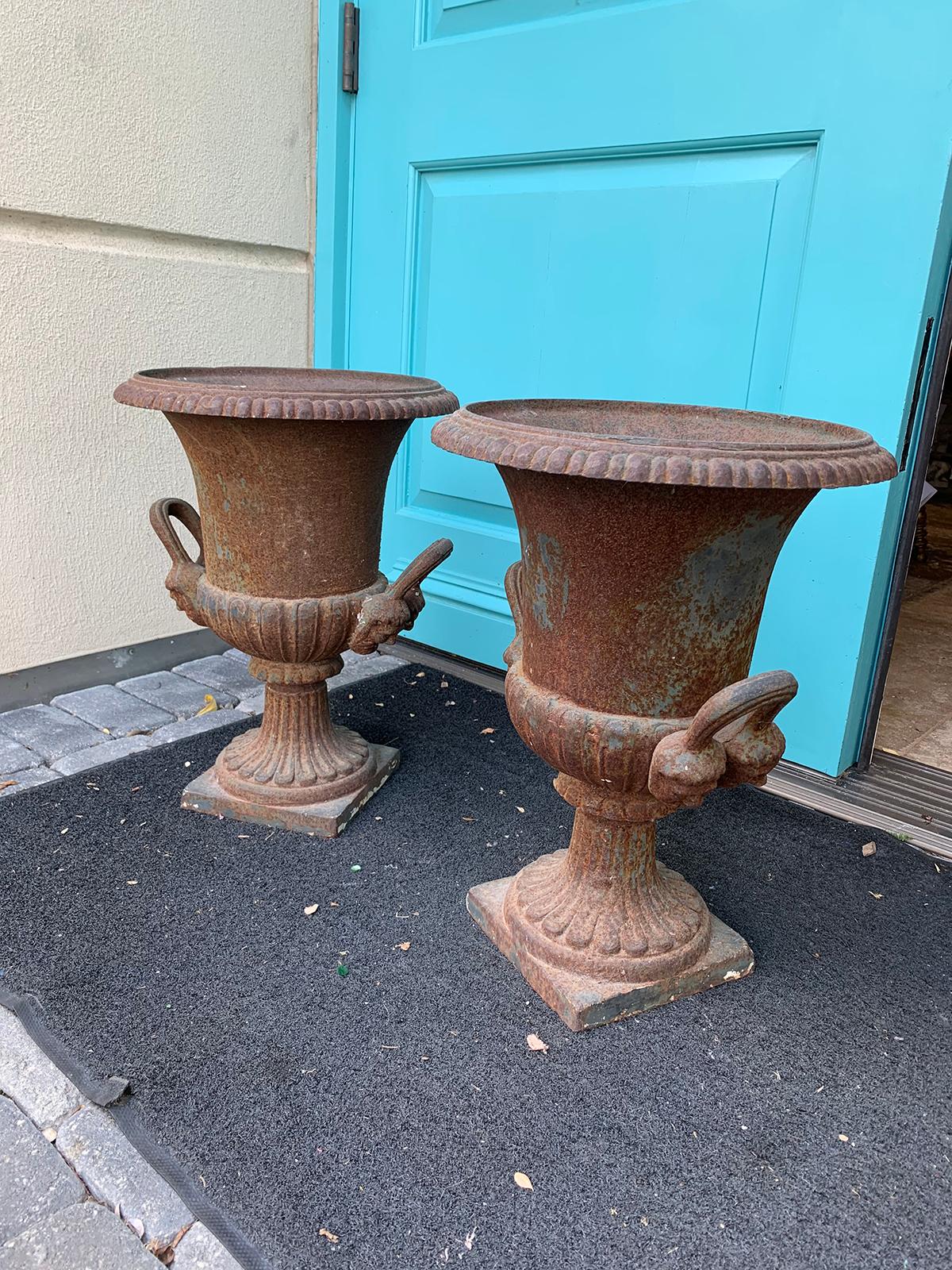 Pair of 19th Century Neoclassical Iron Urns with Handles and Face Detail For Sale 7