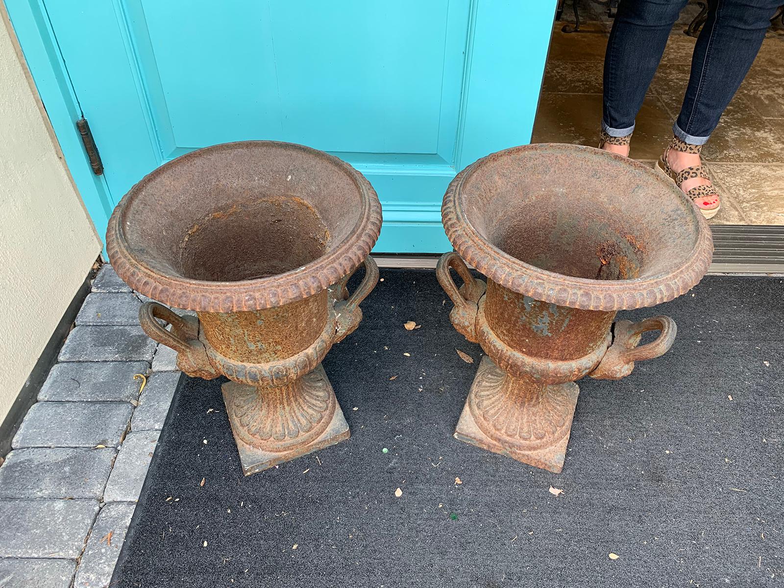 Pair of 19th Century Neoclassical Iron Urns with Handles and Face Detail For Sale 8