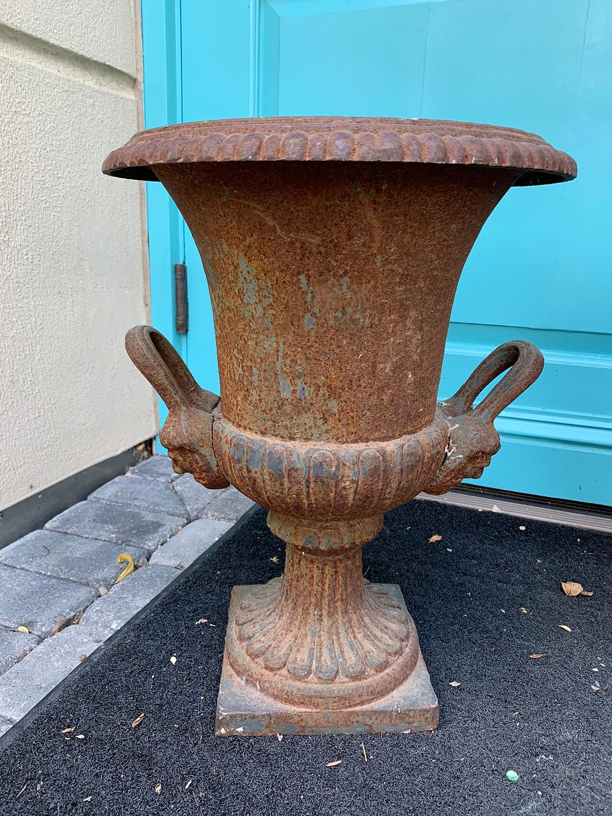Pair of 19th Century Neoclassical Iron Urns with Handles and Face Detail For Sale 10