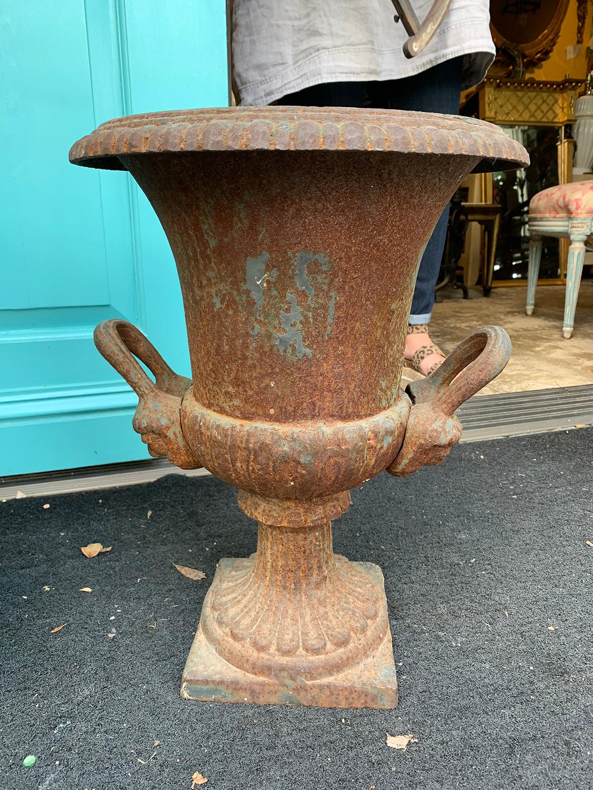 Pair of 19th Century Neoclassical Iron Urns with Handles and Face Detail For Sale 11